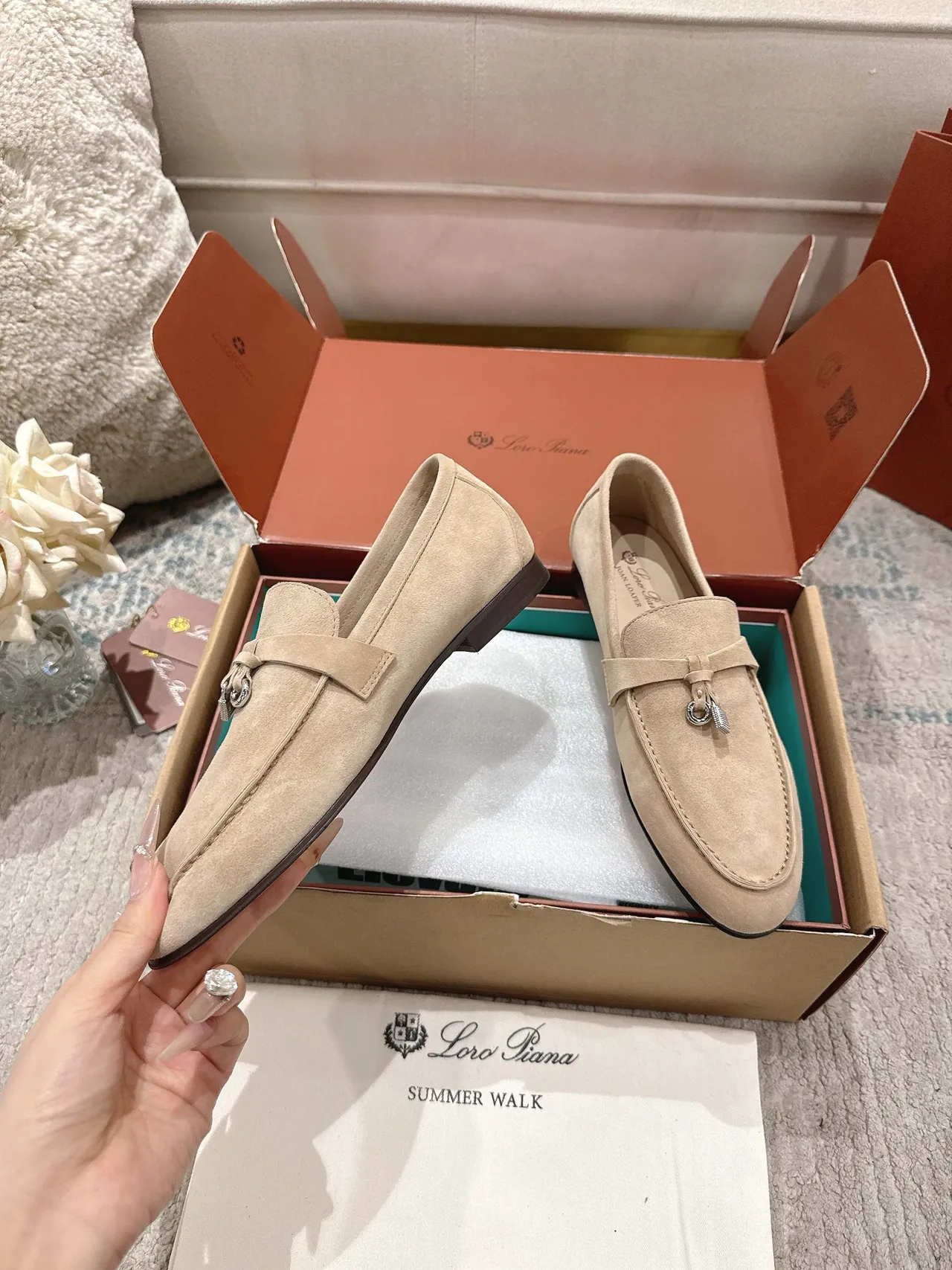Loro Piana Summer Walk Beige Suede Tassel-Tie Loafers