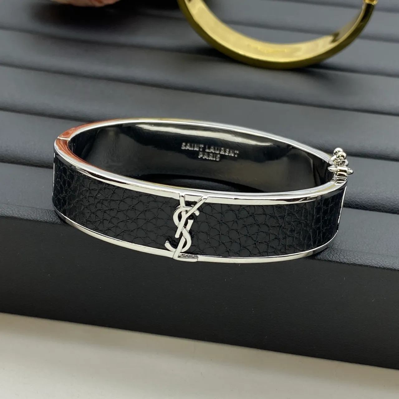 Saint Laurent Black Gold Monogrammed Leather-Inlay Bracelet