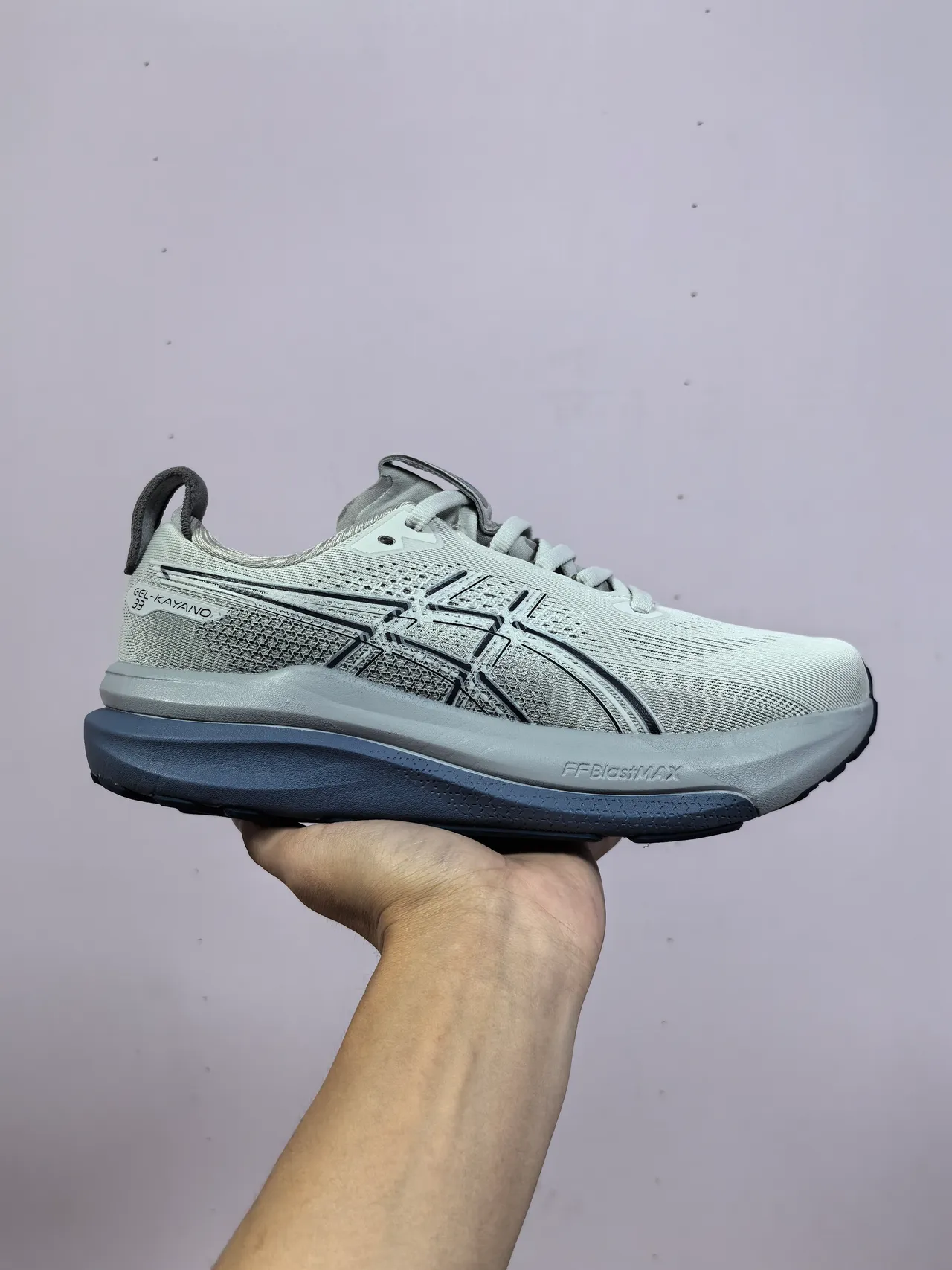 ASICS Gel-Kayano 33 Light Gray and Navy Running Shoes