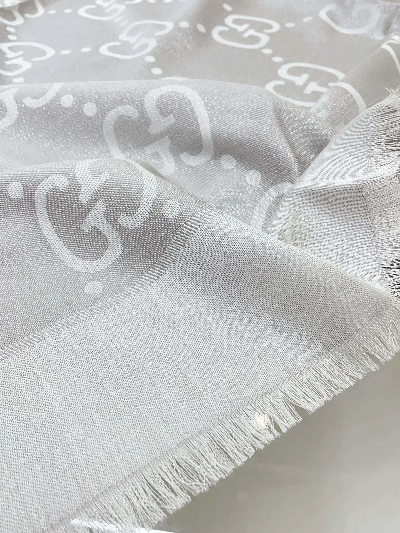 Gucci Monogram-Printed Light Gray Silk Scarf