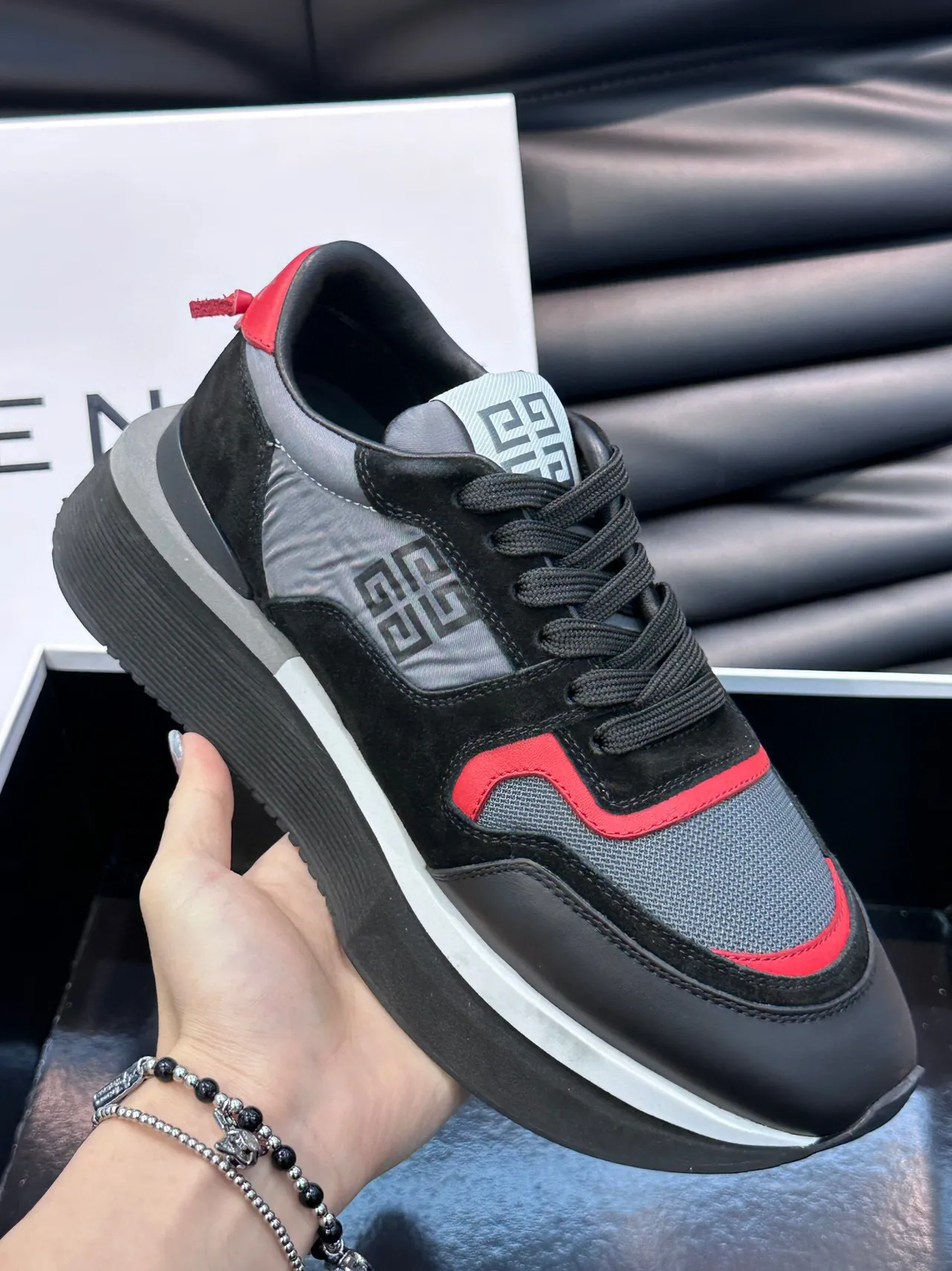 Givenchy Runner Black Red Platform Sole Mixed-Material Upper Chunky Sneakers
