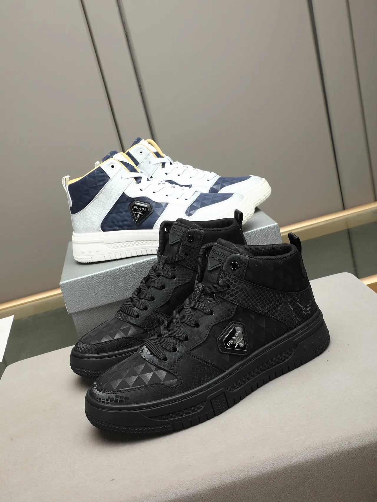 Prada White Navy High-Top Quilted Panels Sneakers