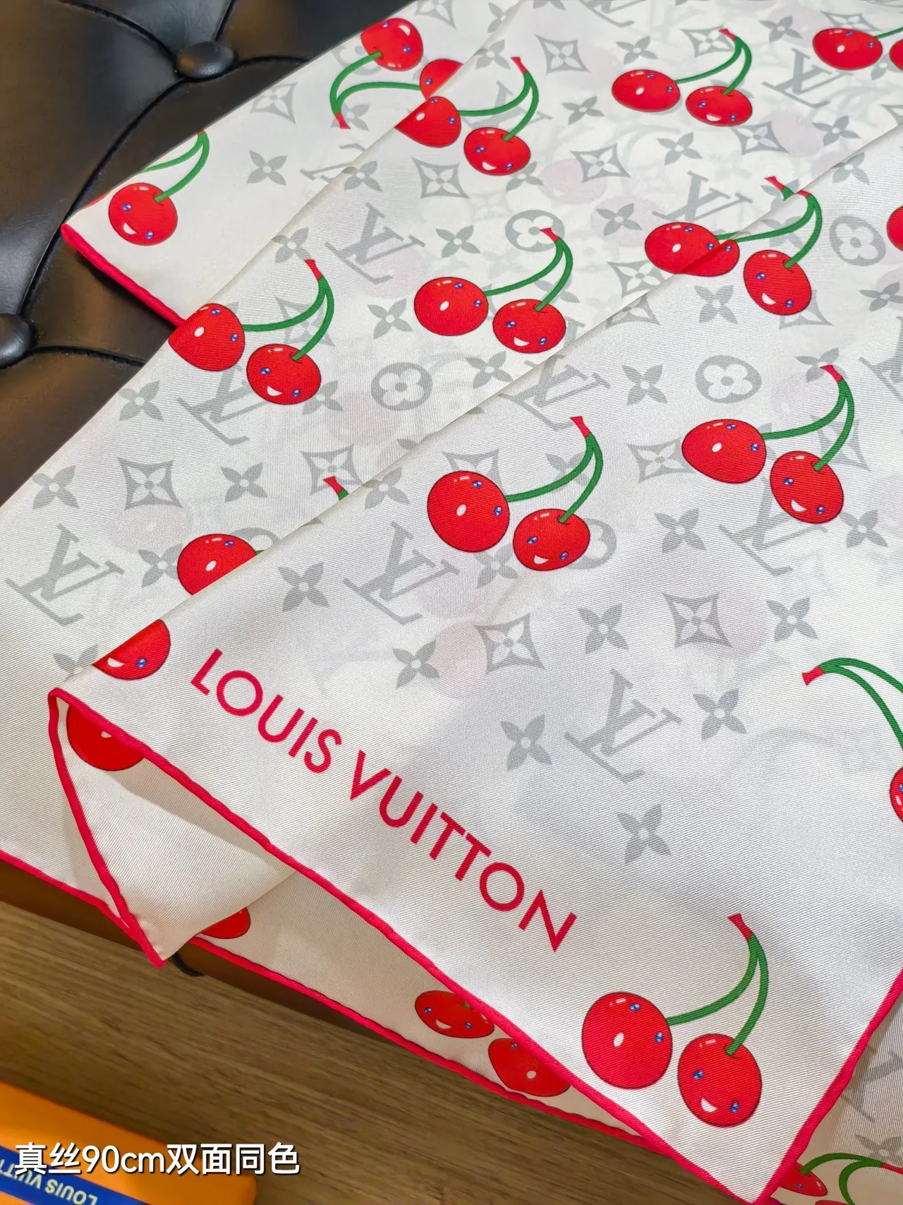 Louis Vuitton LV x TM Monogram Cerise White Red Square Cherry Print Silk Scarf