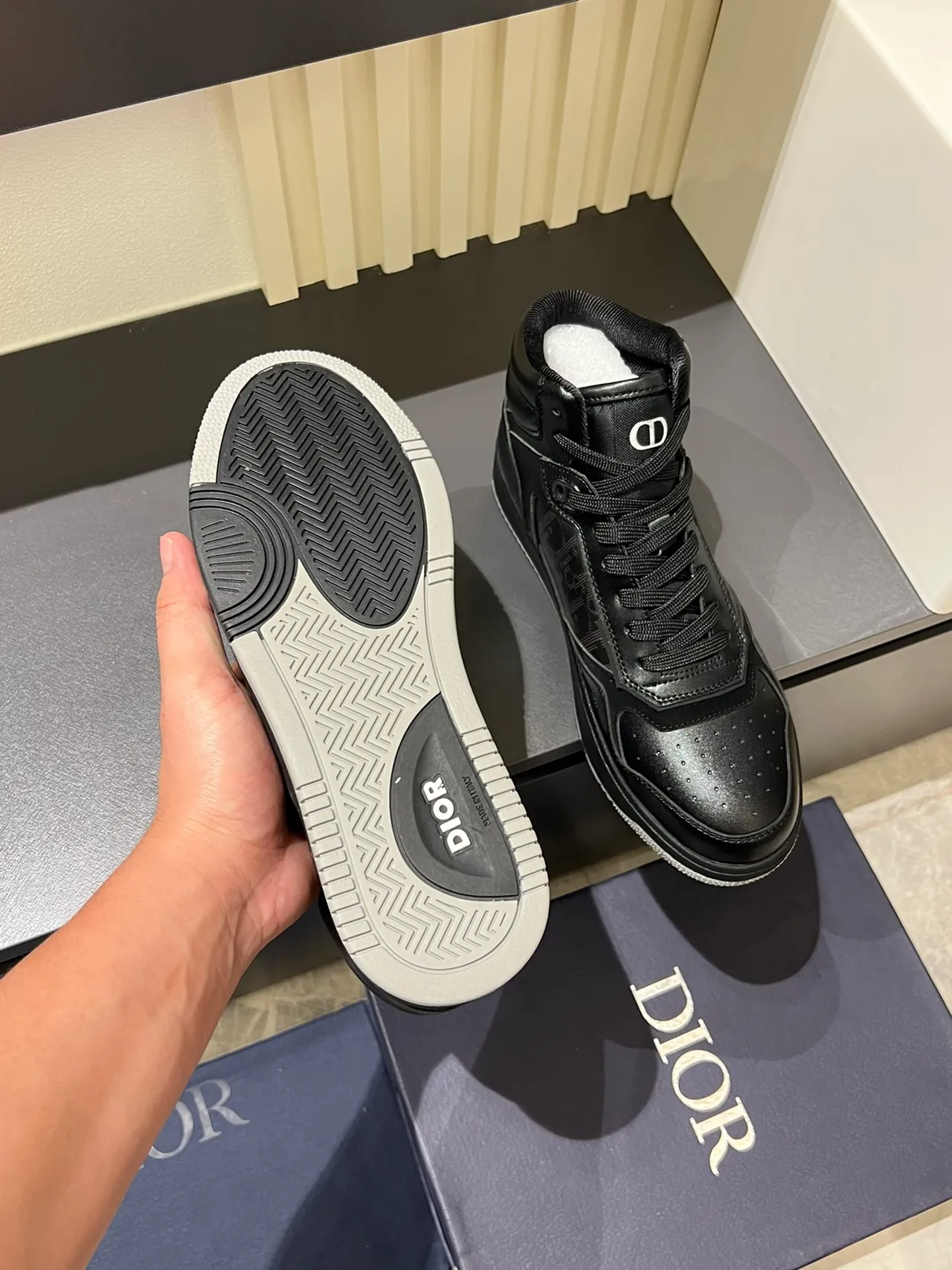Dior B23 High Top Black Leather Monogram Lifestyle Sneakers