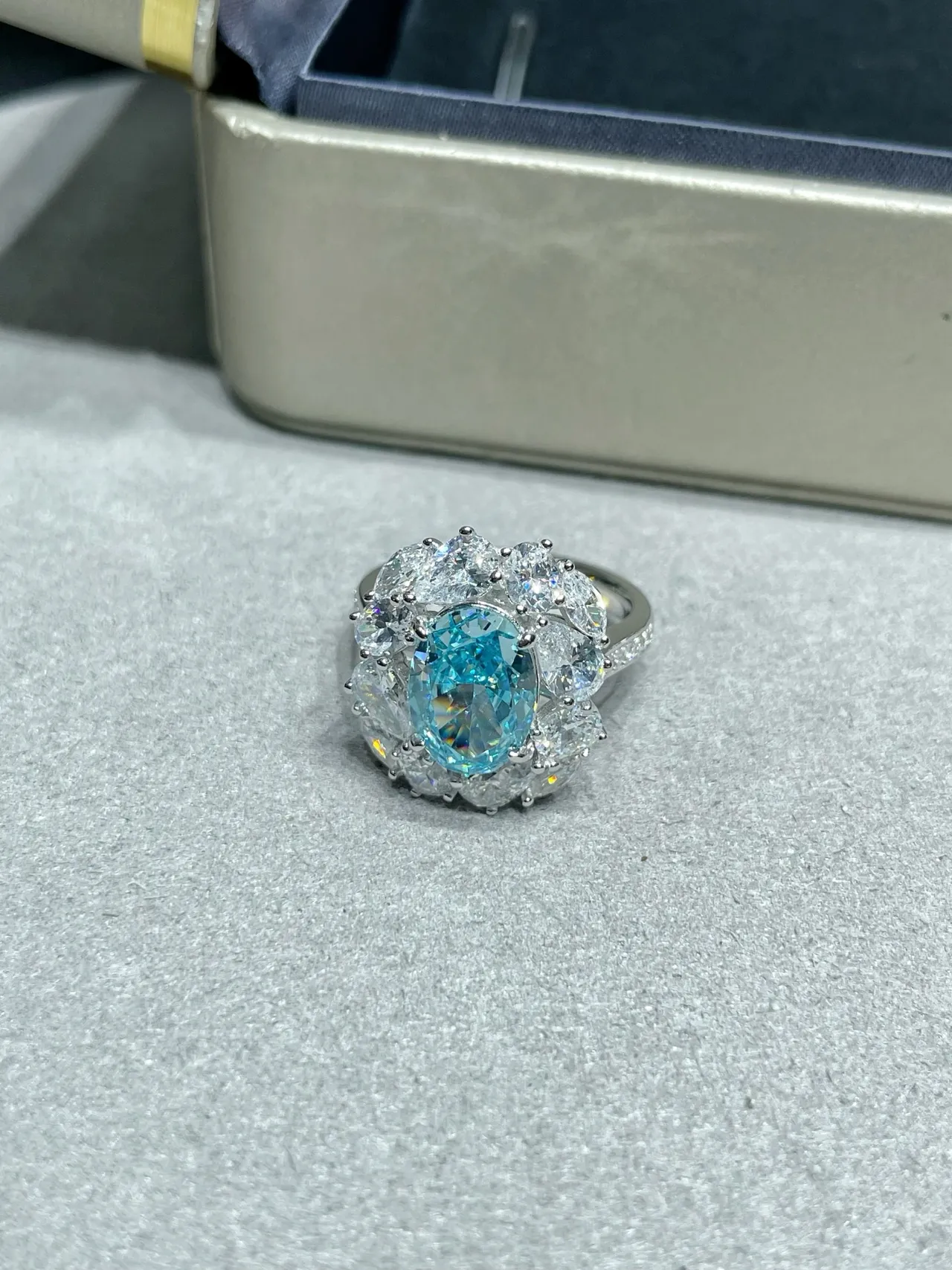 Oval Blue Gemstone Halo Cluster Ring
