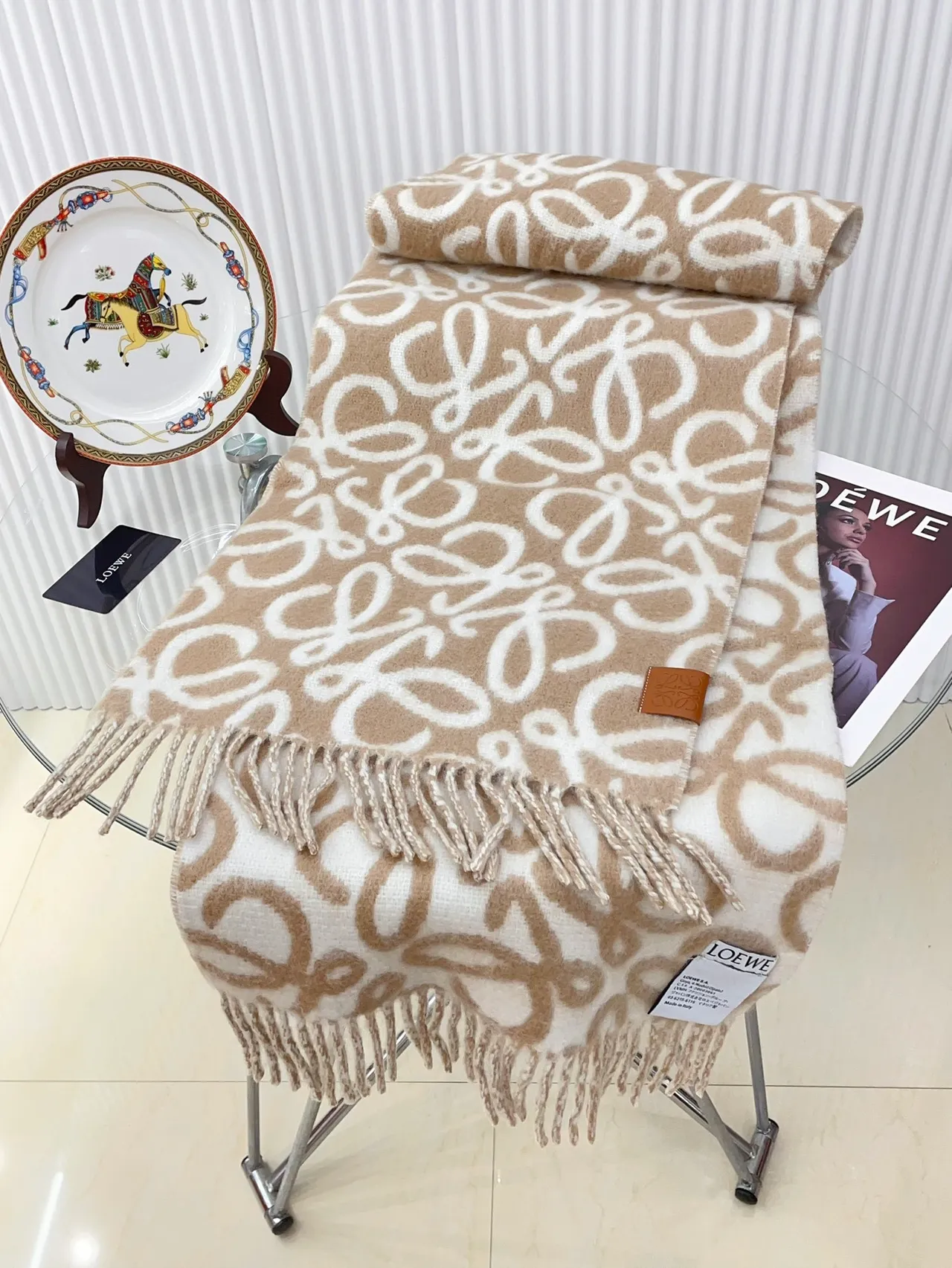 Beige and Cream Abstract Loop Pattern Cashmere Scarf