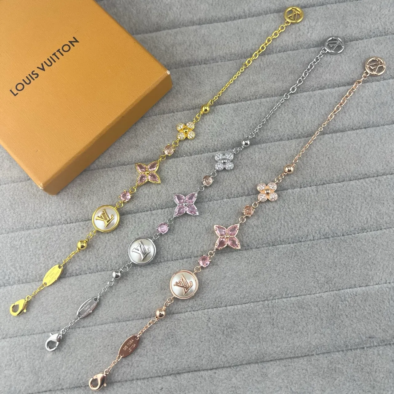 Louis Vuitton Flower Charm Bracelet Gold Pink Chain-Link Floral Bracelet