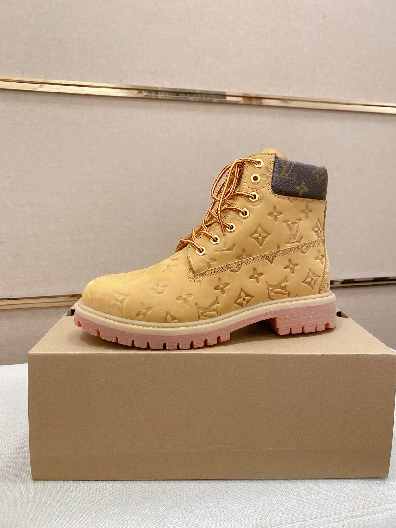 Louis Vuitton Monogram-Embossed Boot Beige Pink High-Top Lace-Up Work Boots