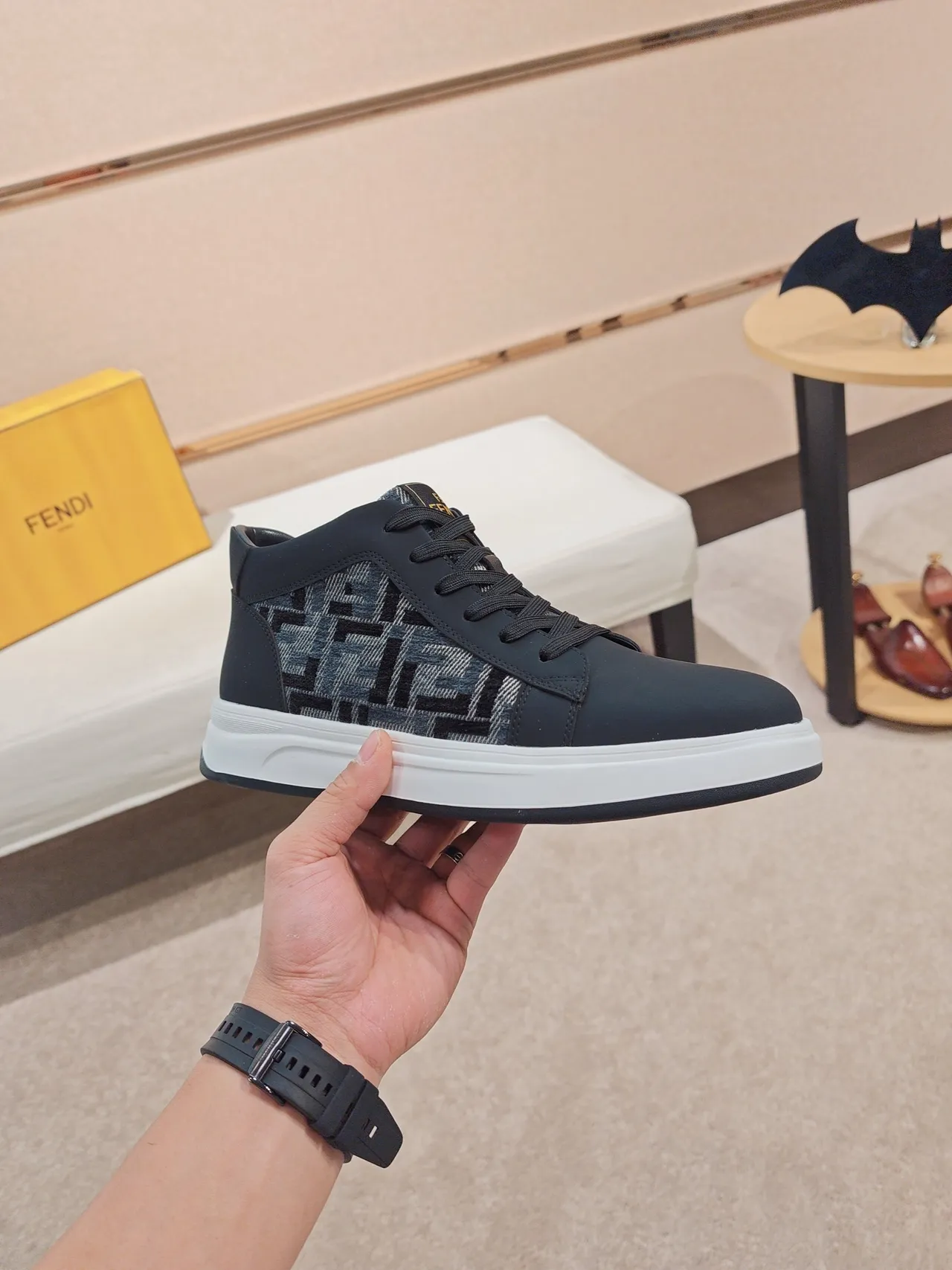 Fendi First Black White High-Top Monogrammed Side Panel Lifestyle Sneakers