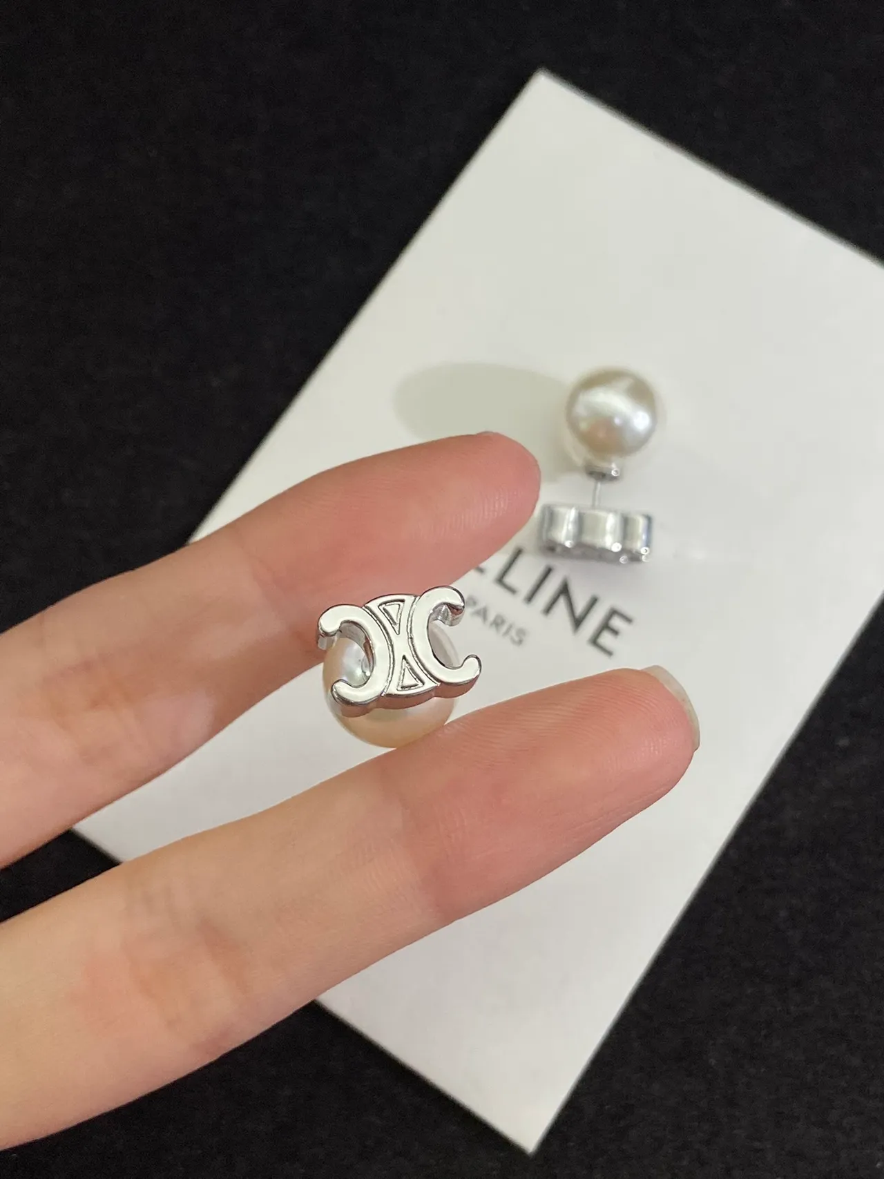 Celine White Silver Pearl Studs Geometric Base Earrings