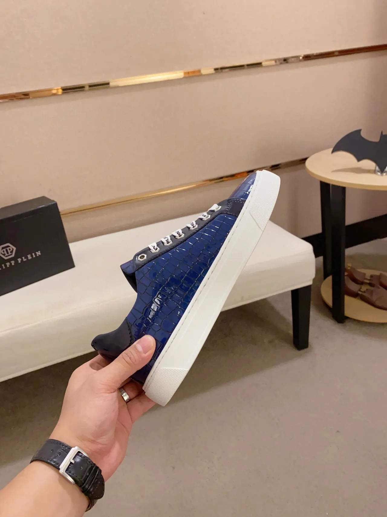 Philipp Plein Blue Croc-Embossed Logo Sneaker