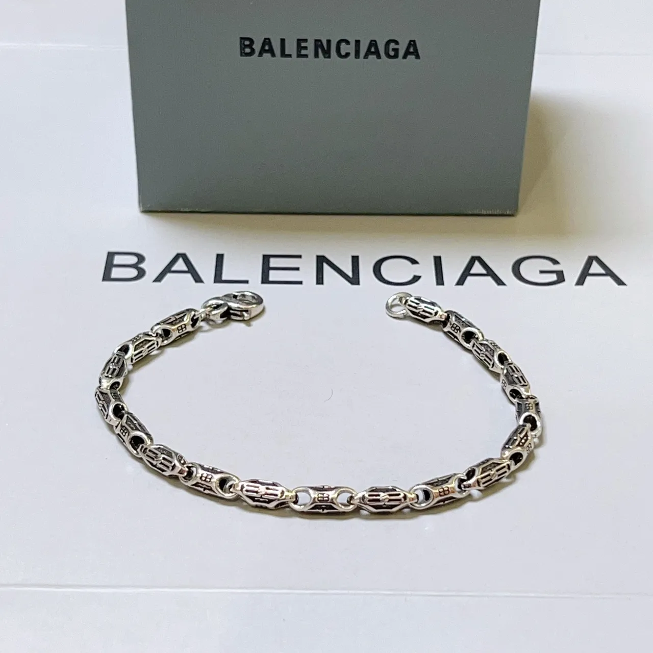 Balenciaga Monogrammed Chain-Link Two-Tone Silver Bracelet
