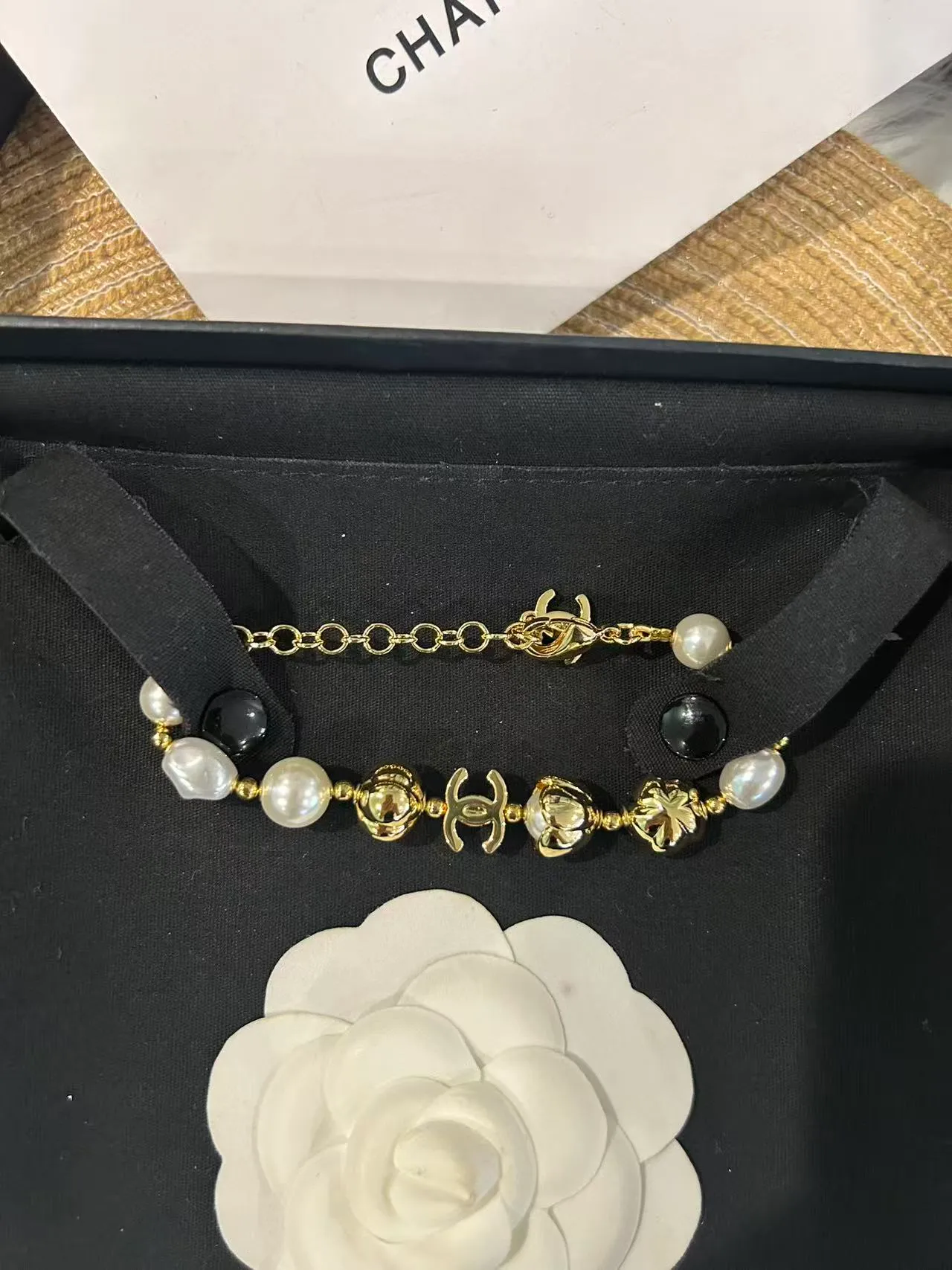 Chanel Pearl and CC Charm Bracelet Gold White Chain Baroque Pearls Bracelet