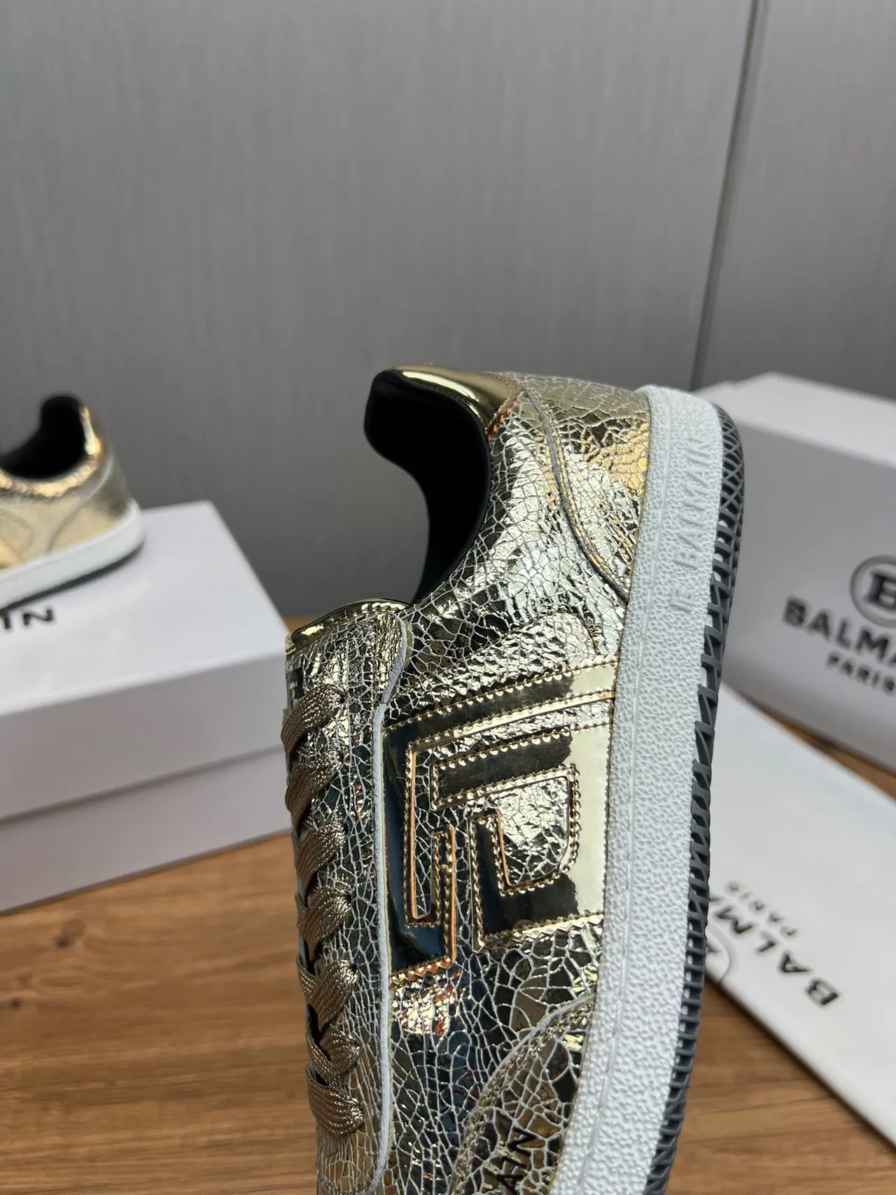 Balmain B-Court Metallic Cracked Leather Gold Black Lifestyle Sneakers