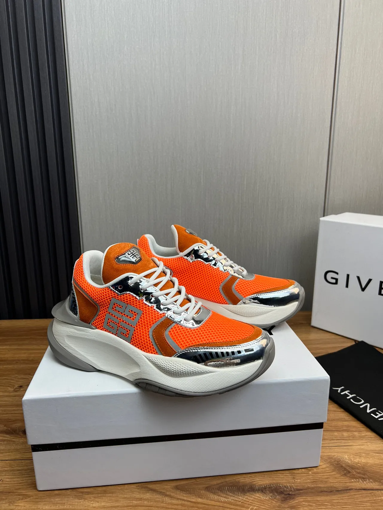 Givenchy Orange Silver Sole Mesh And Suede Upper Chunky Sneakers