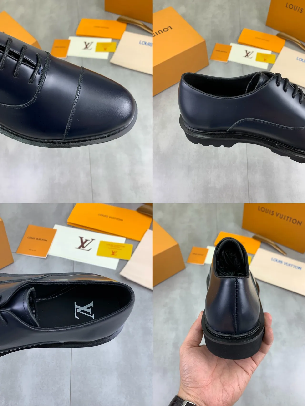 Louis Vuitton Navy Black Cap-Toe Polished Leather Oxford Shoes