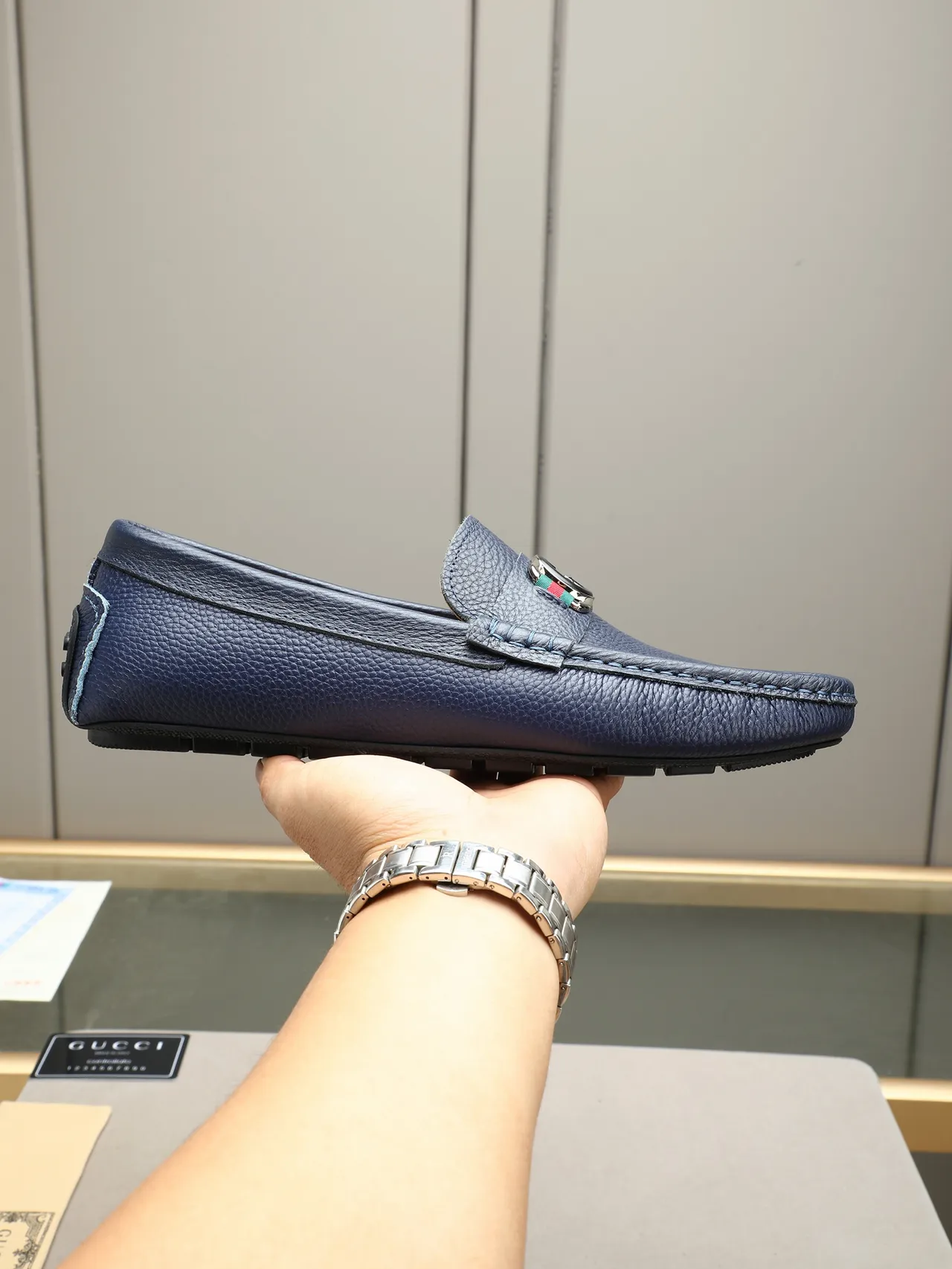 Gucci Horsebit 1955 Navy Blue Pebbled Leather Loafers