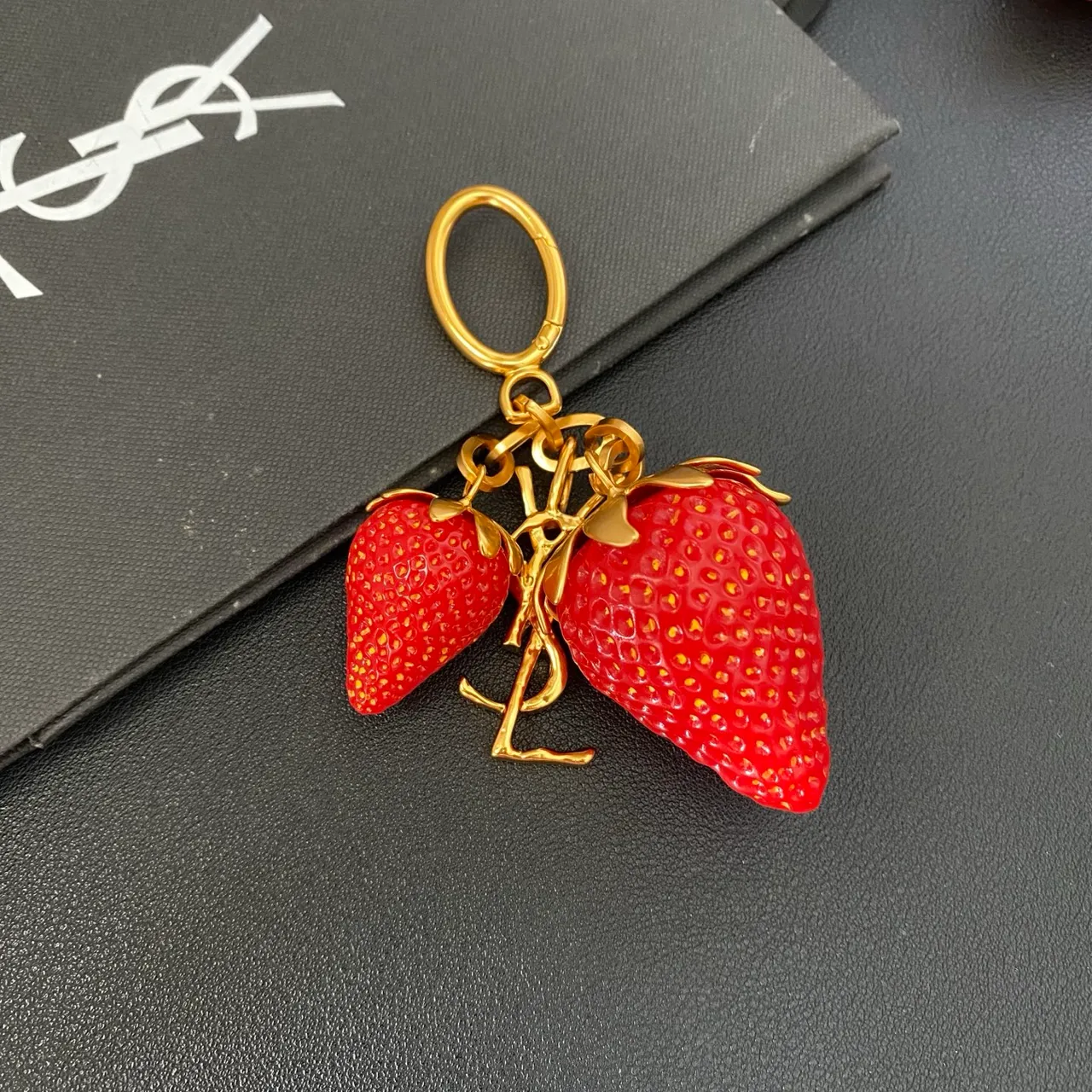Saint Laurent Strawberry Keychain Red Gold Resin Charms Metal YSL Monogram Bracelet