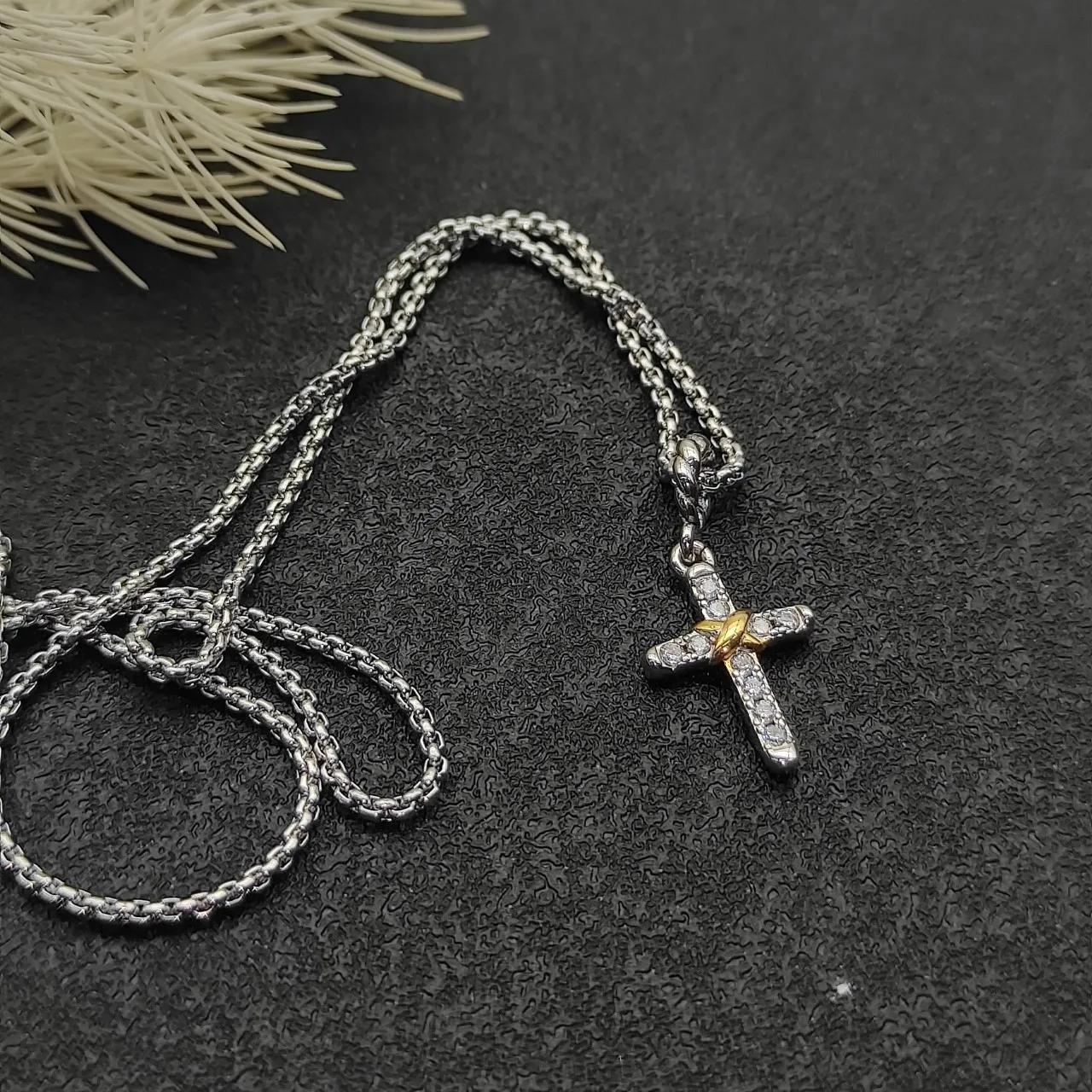 Tiffany & Co. Return to Silver Gold Pavé-Diamond Cross Two-Tone Metal Necklace