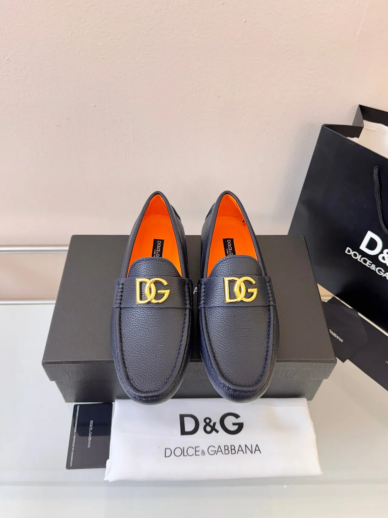 Dolce & Gabbana Portofino Navy Orange Pebbled Leather Gold DG Buckle Loafer