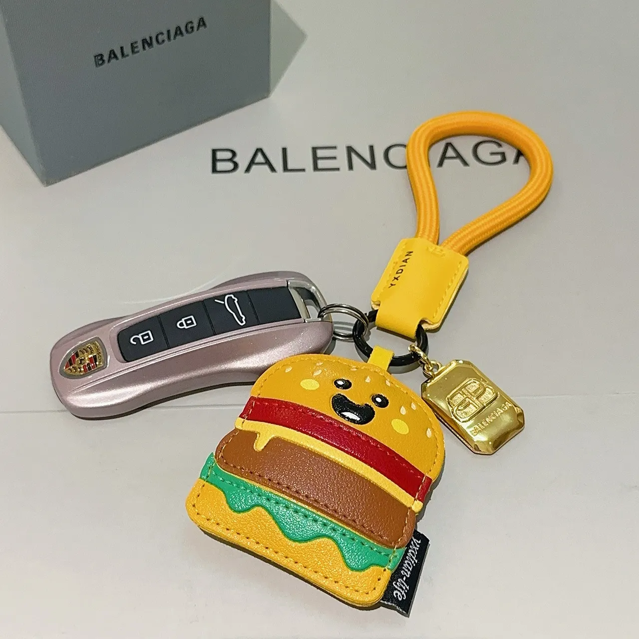 Balenciaga Yellow Multicolor Hamburger-Shaped Leather Keychain Cartoon Face Detail Phone Accessory
