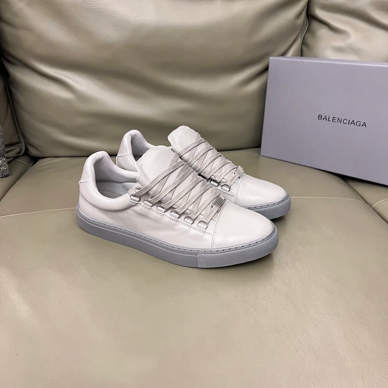 Balenciaga White Gray Minimalist Leather Upper Lifestyle Sneakers
