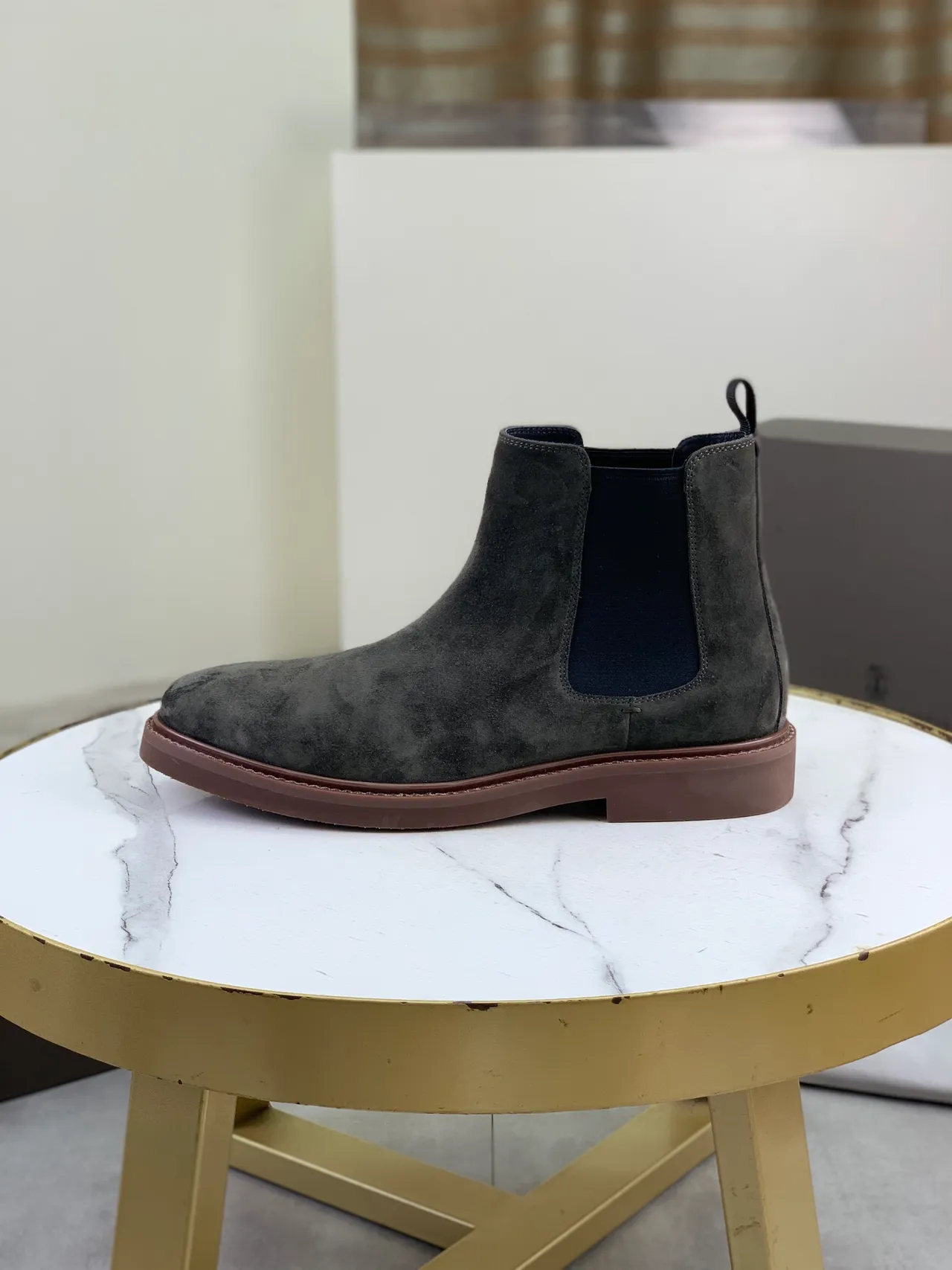 Gray Black Suede Upper Elastic Side Gussets Chelsea Boots