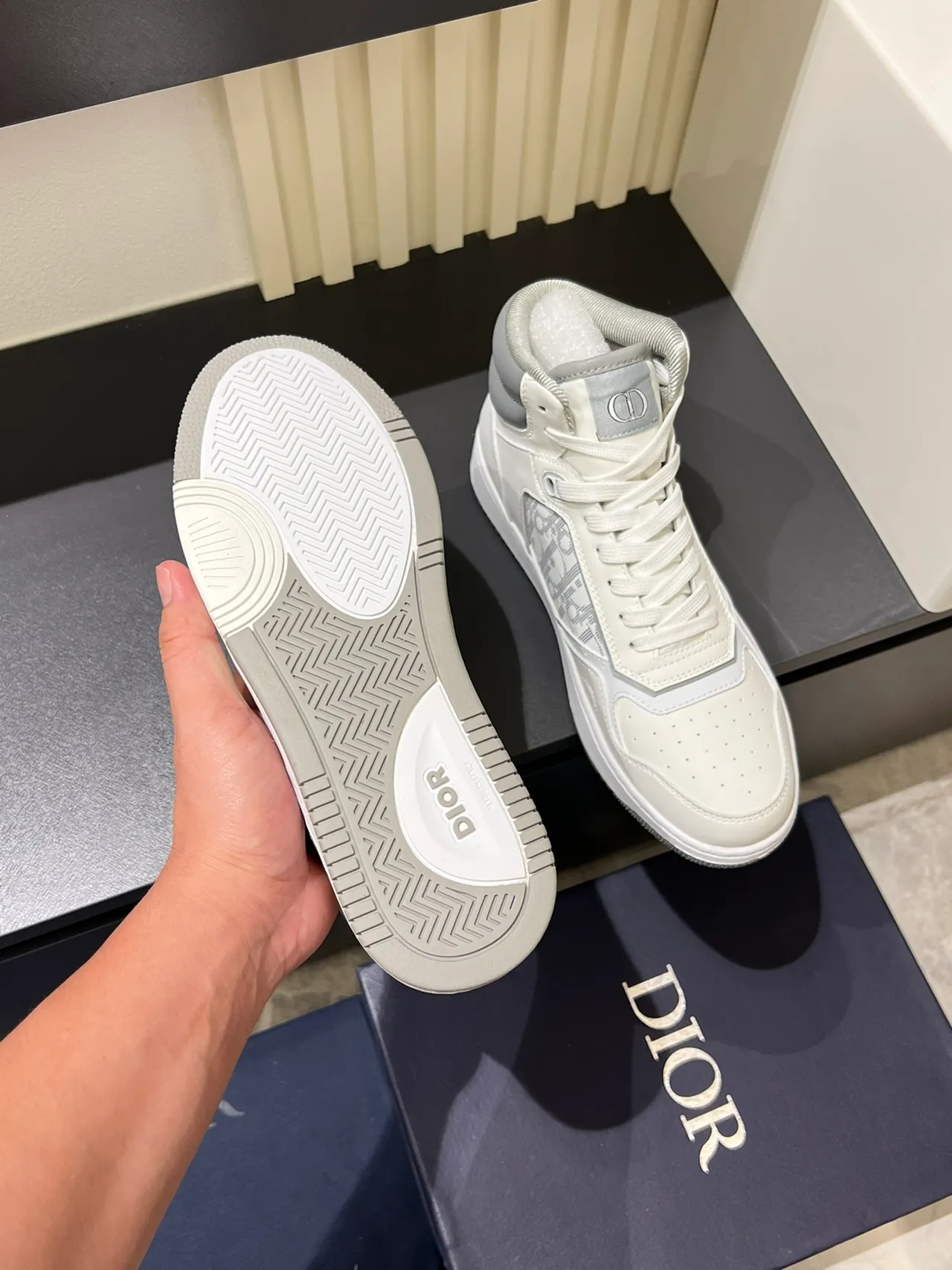 Dior B23 White and Gray Monogram High-Top Lifestyle Sneakers