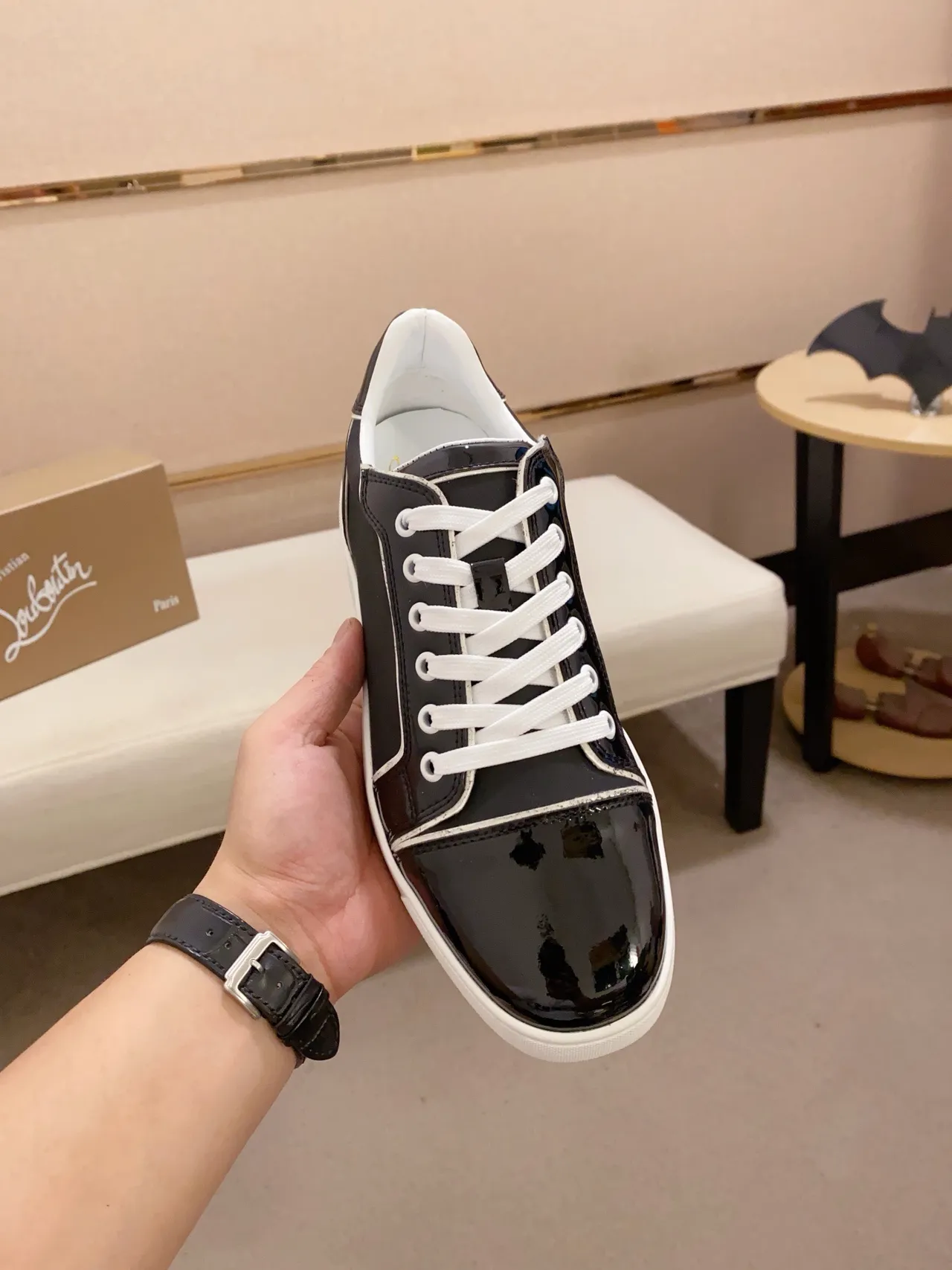 Christian Louboutin Black White Patent Leather Toe Cap Matte Upper Lifestyle Sneakers