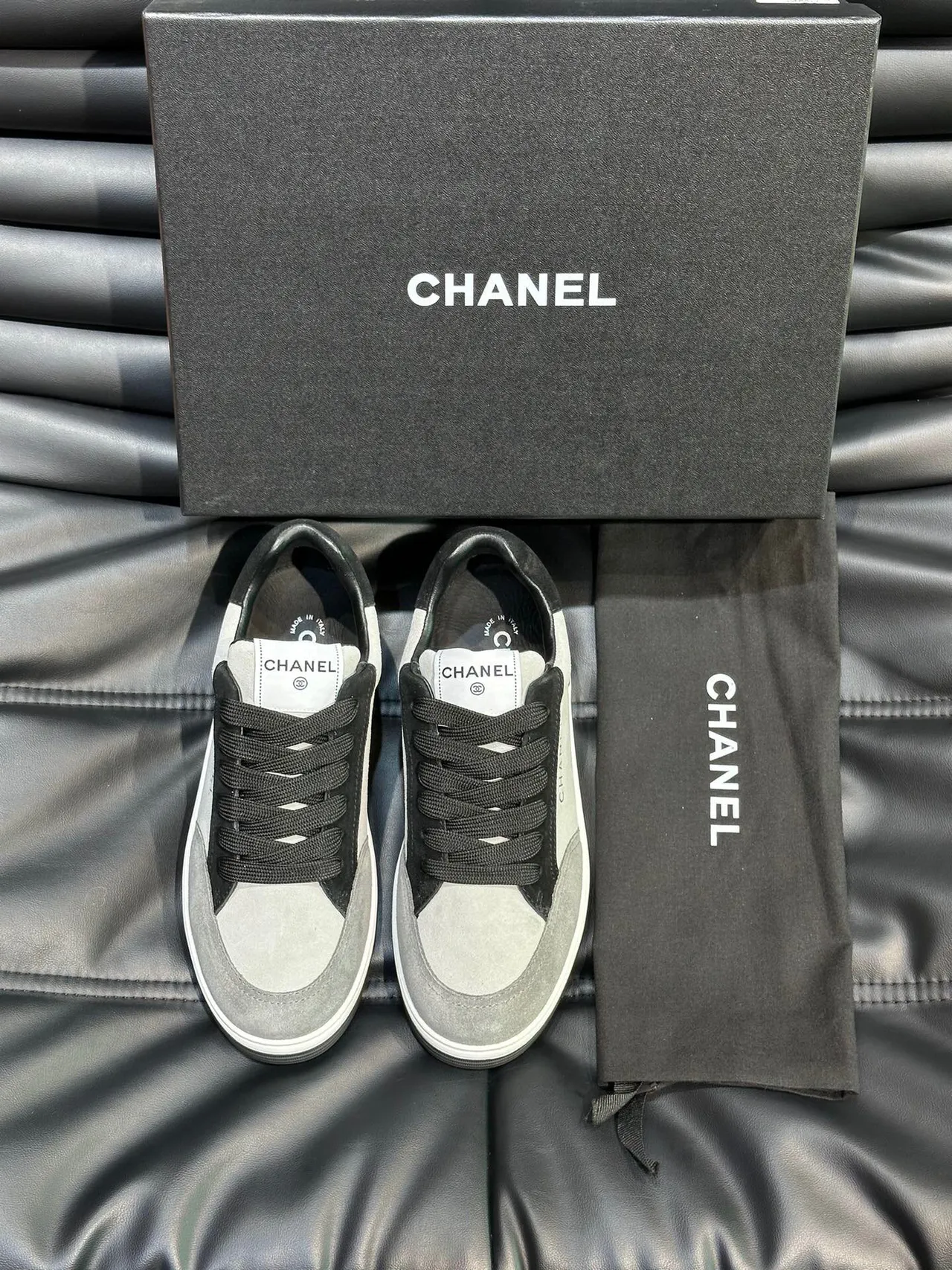 Chanel Gray Black Low-Top Suede-and-Leather Panelled Sneakers
