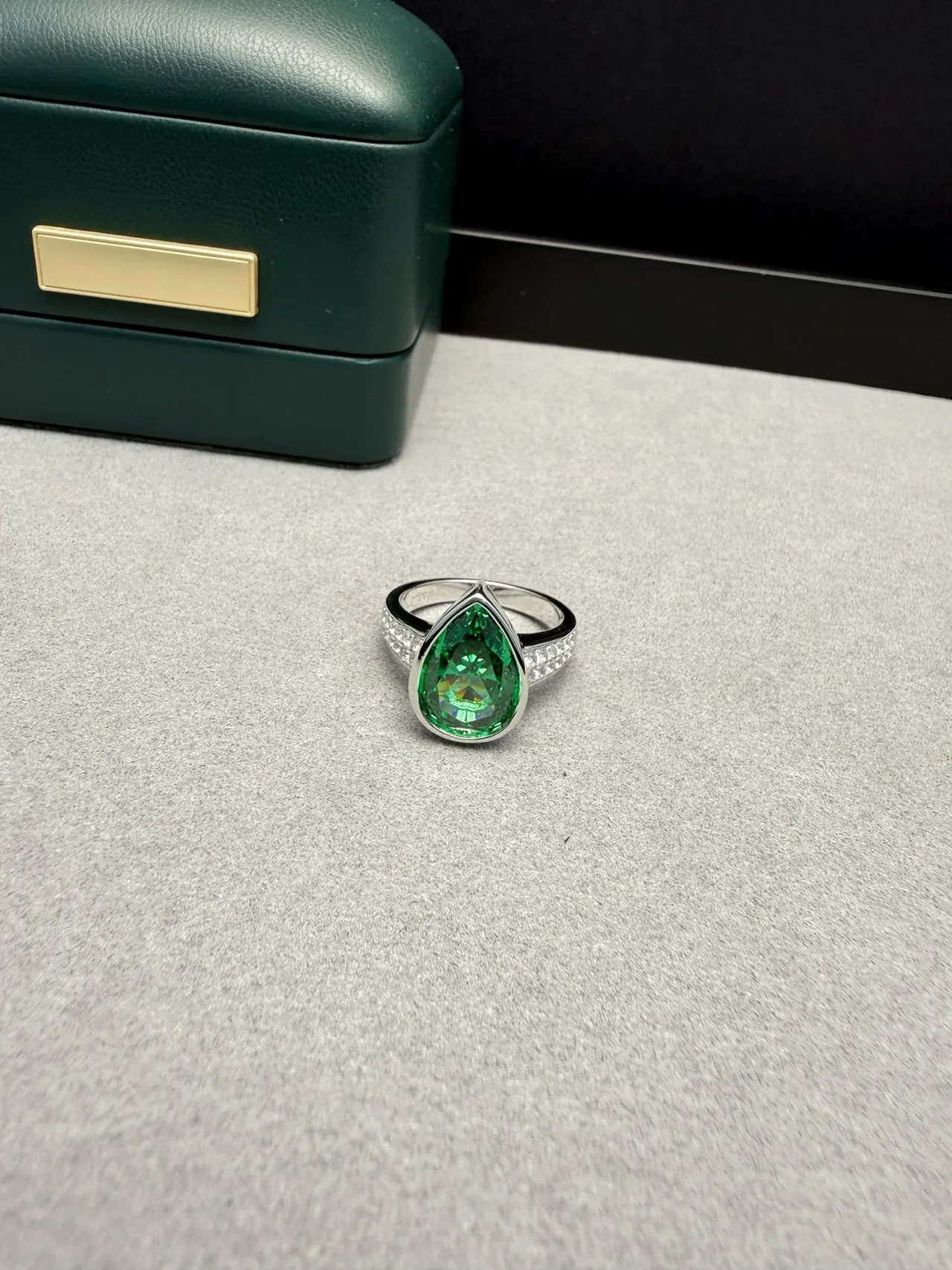 Pear-Cut Green Gemstone Pavé Band Ring