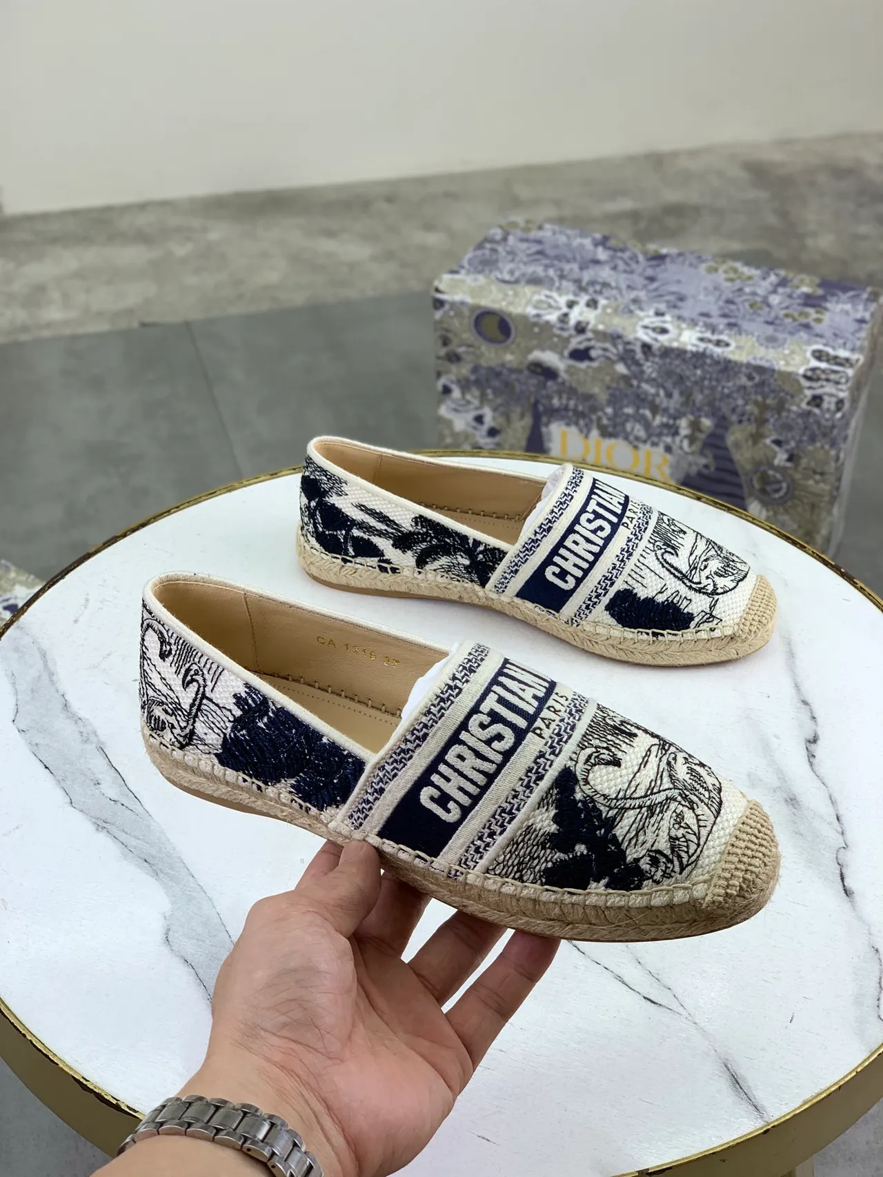 Dior Beige Navy Woven Jute Sole Canvas Upper Boat Shoes