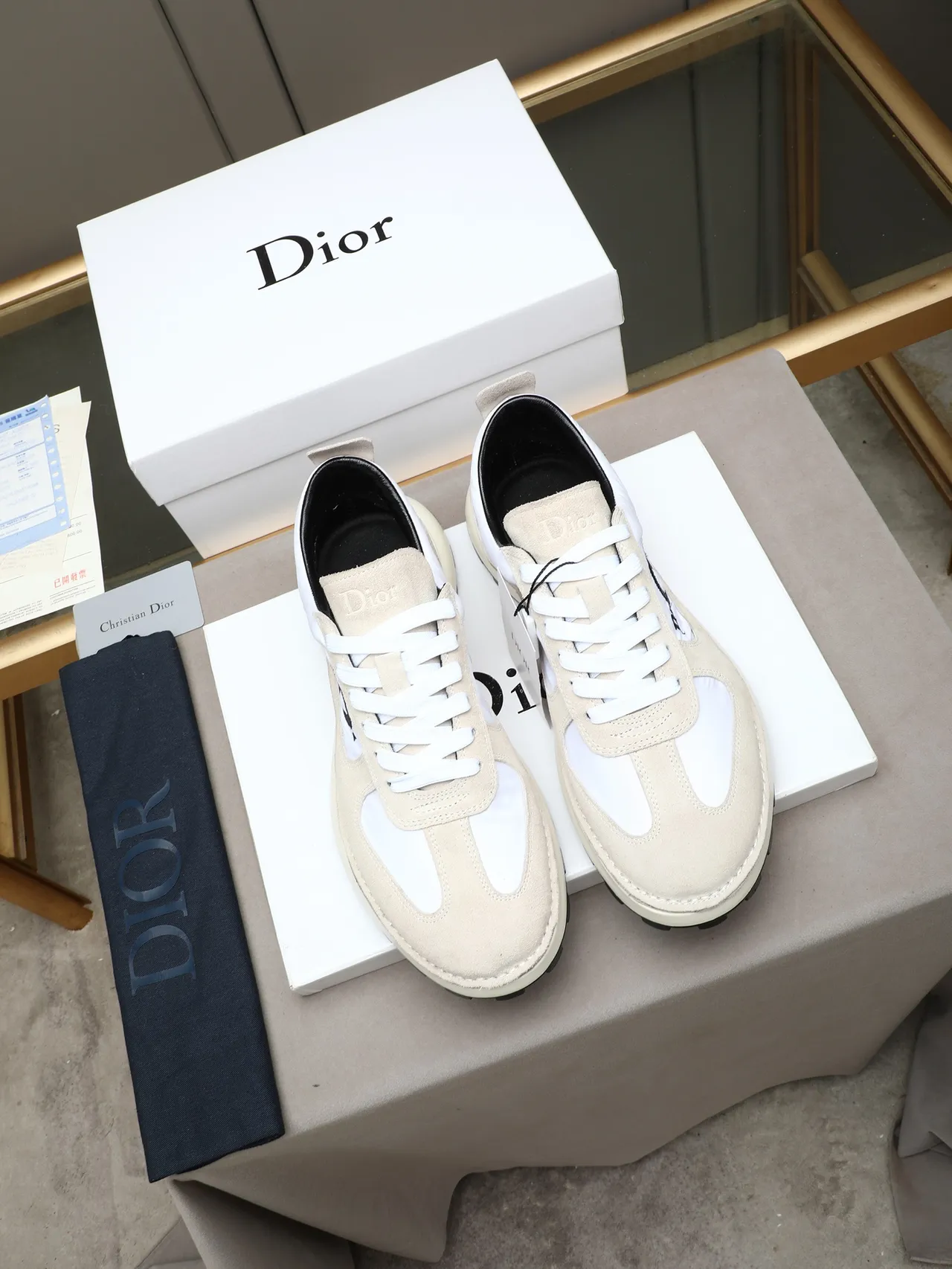 Dior Beige White Suede And Nylon Panelled Chunky Platform Sole Lifestyle Sneakers