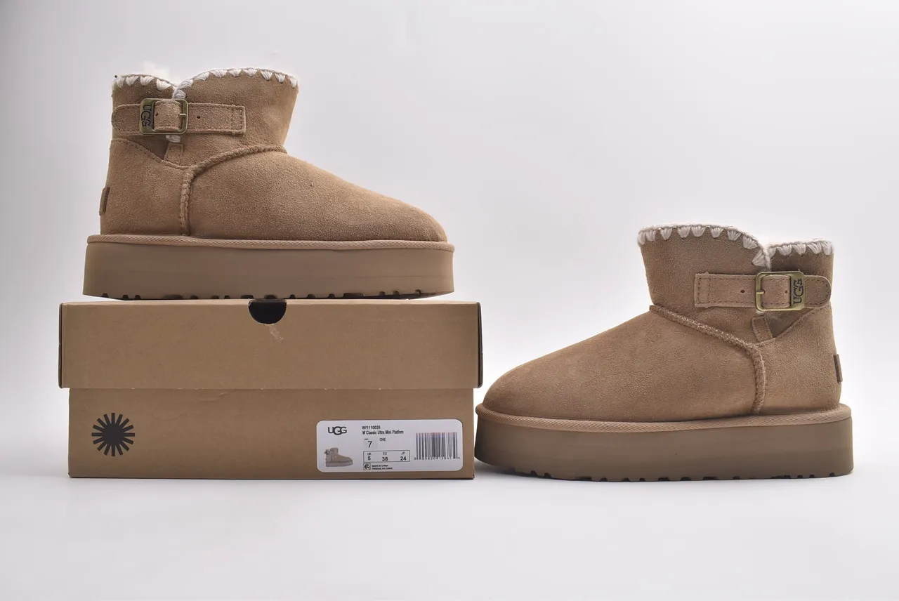 UGG Tasman Tan Suede Shearling-Trimmed Platform Snow Boots