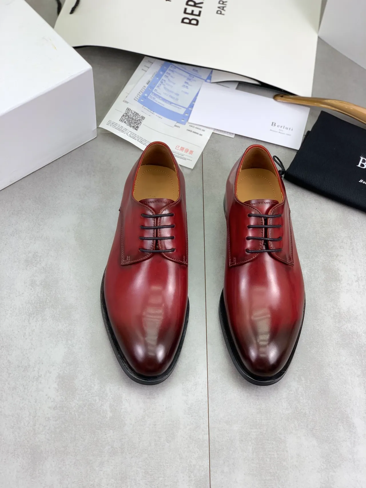 BERLUTI Burgundy Black Polished Leather Cap Toe Oxford Shoes