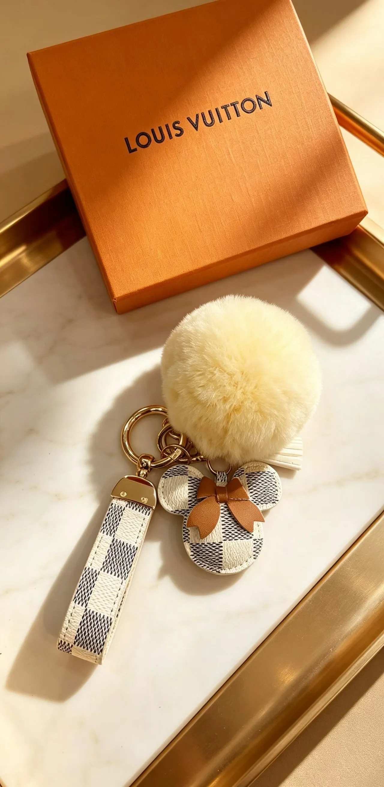 Louis Vuitton Teddy Bear Beige Black Damier Check Leather Pom-Pom Accent Phone Accessory