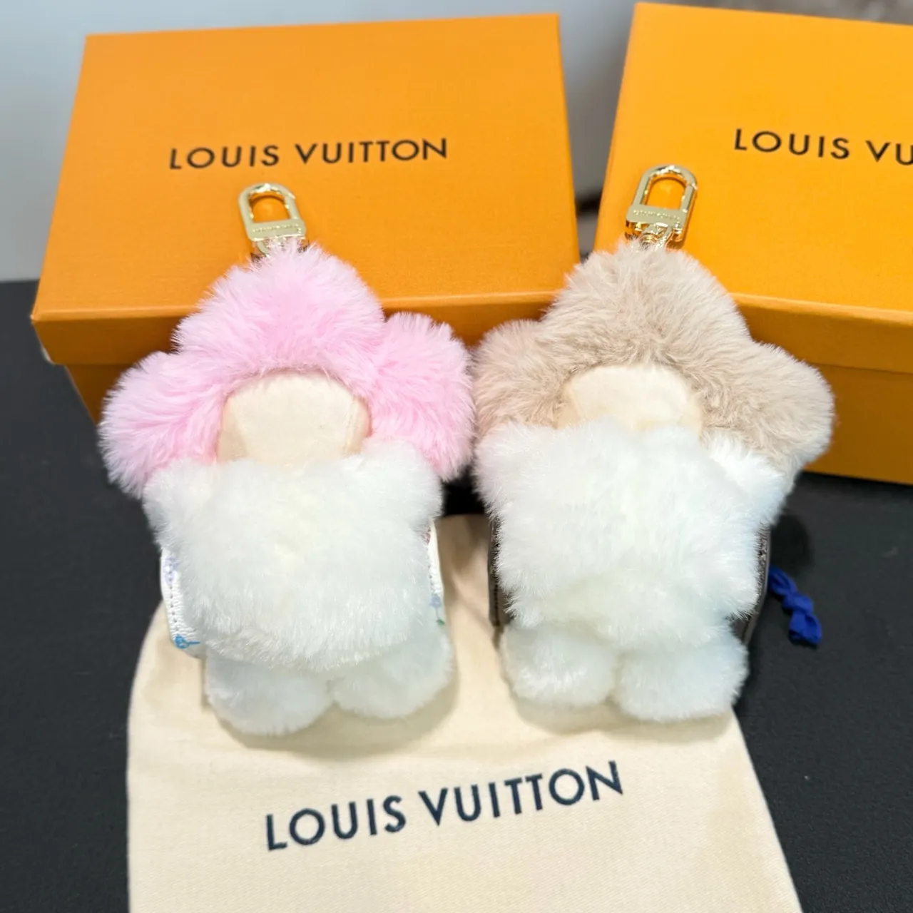 Louis Vuitton Vivienne Pink Beige Floral Plush Charm Faux Fur Trim Handbag
