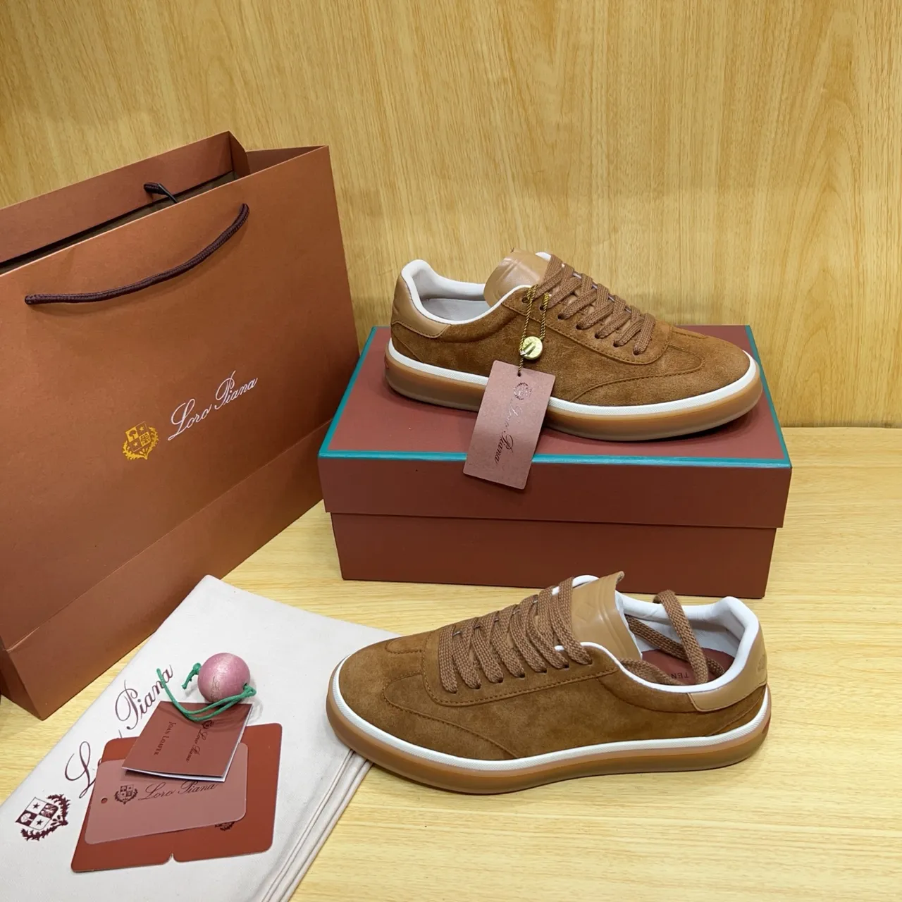 Loro Piana Brown Beige Suede Upper Gum Rubber Sole Sneakers