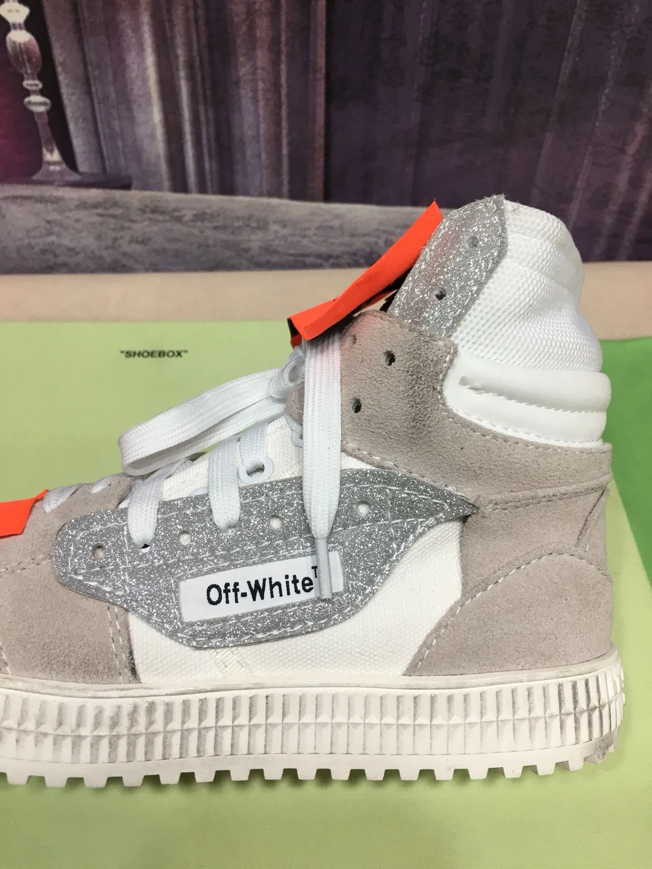Off-White Beige Silver High-Top Glitter-Accented Lifestyle Sneakers