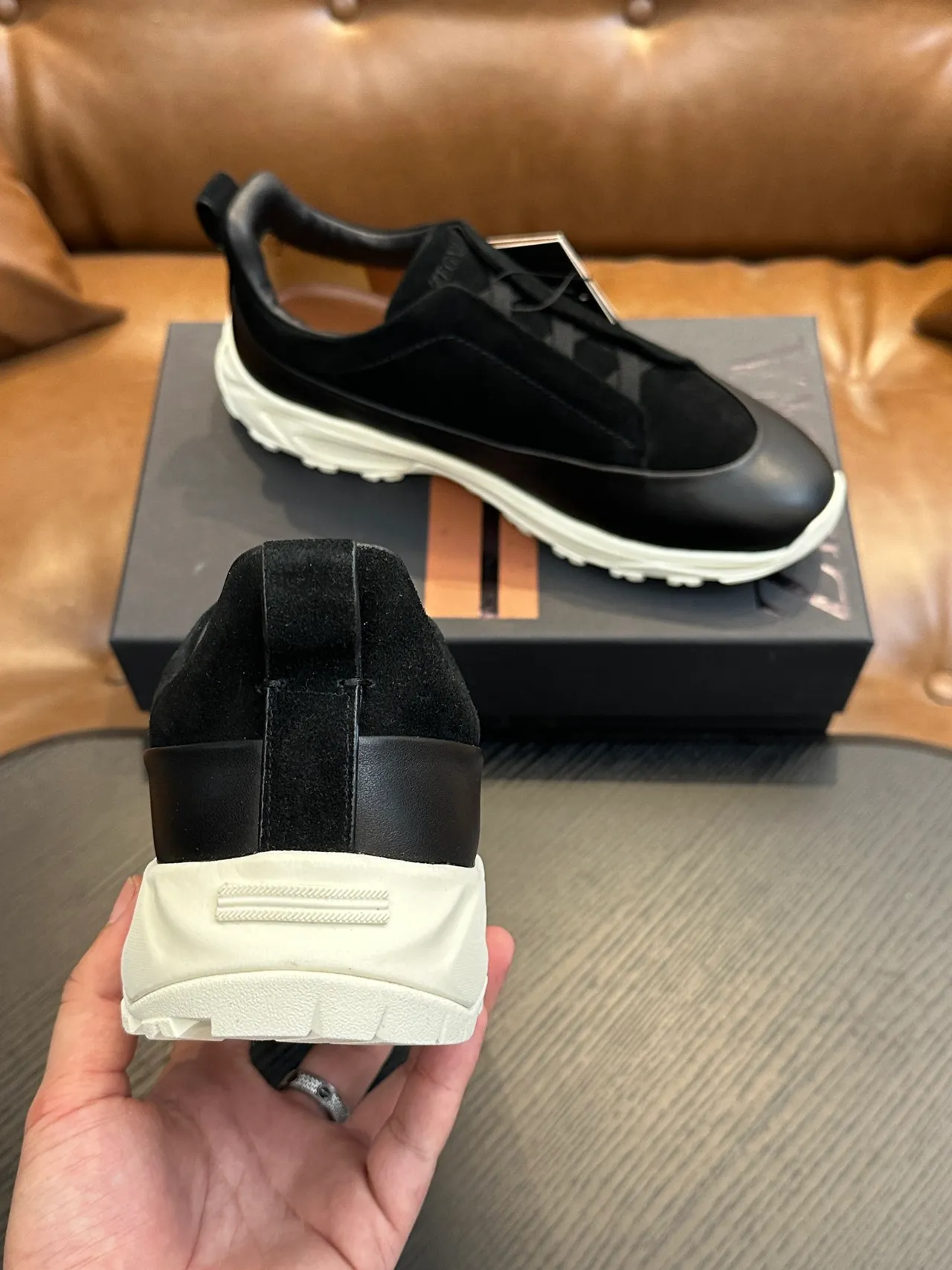 Zegna Black White Slip-On Construction Suede And Leather Upper Sneakers