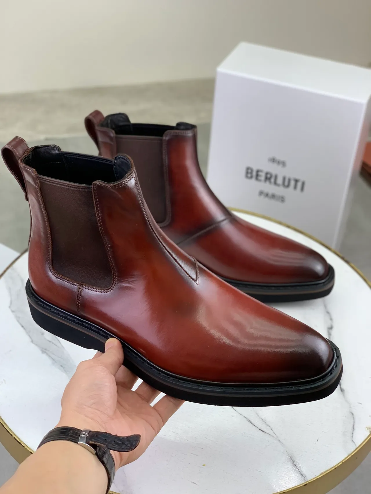 Berluti Brown Black Polished Leather Elastic Side Gussets Chelsea Boots