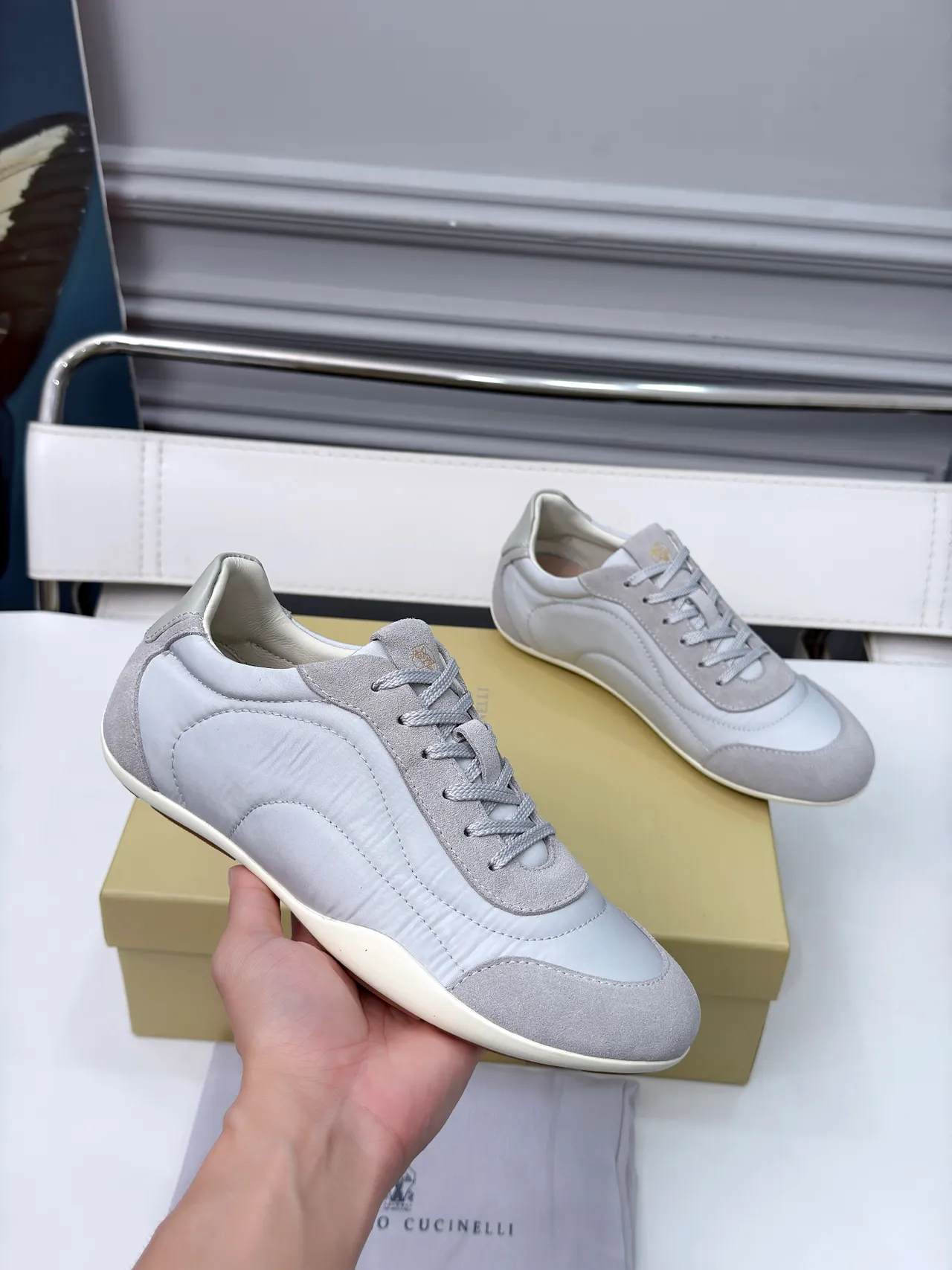 Brunello Cucinelli Gray Suede and Leather Low-Top Sneaker