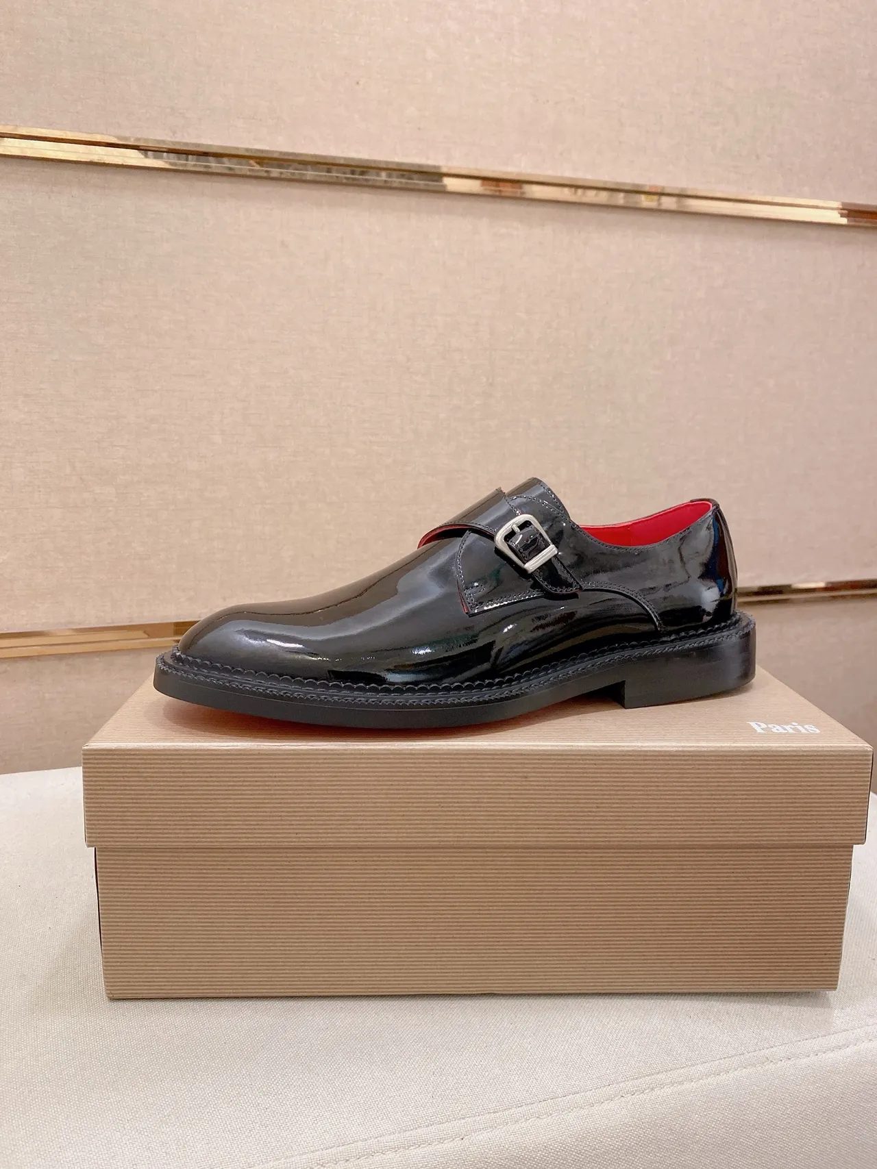 Christian Louboutin Black Red Patent Leather Single Strap Monk Shoes