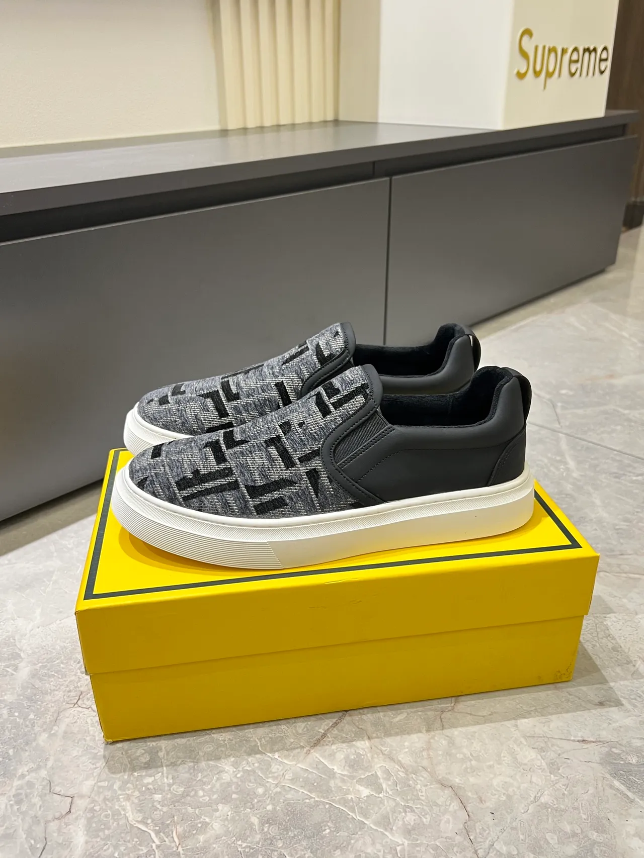 Supreme Slip-On Monogram Knit Gray Black White Lifestyle Sneakers