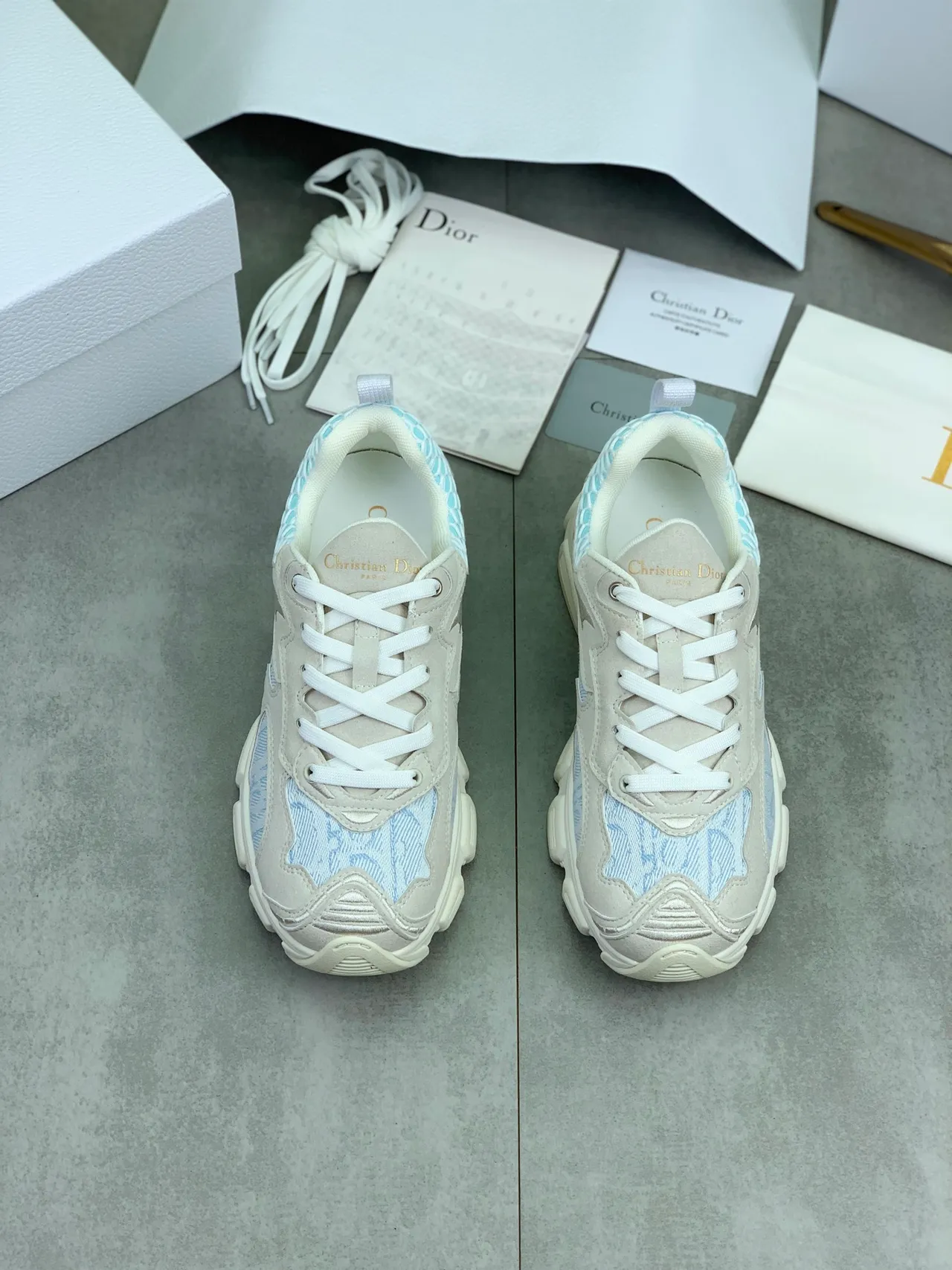 Dior B23 Beige Blue Sole Jacquard Paneling Chunky Sneakers