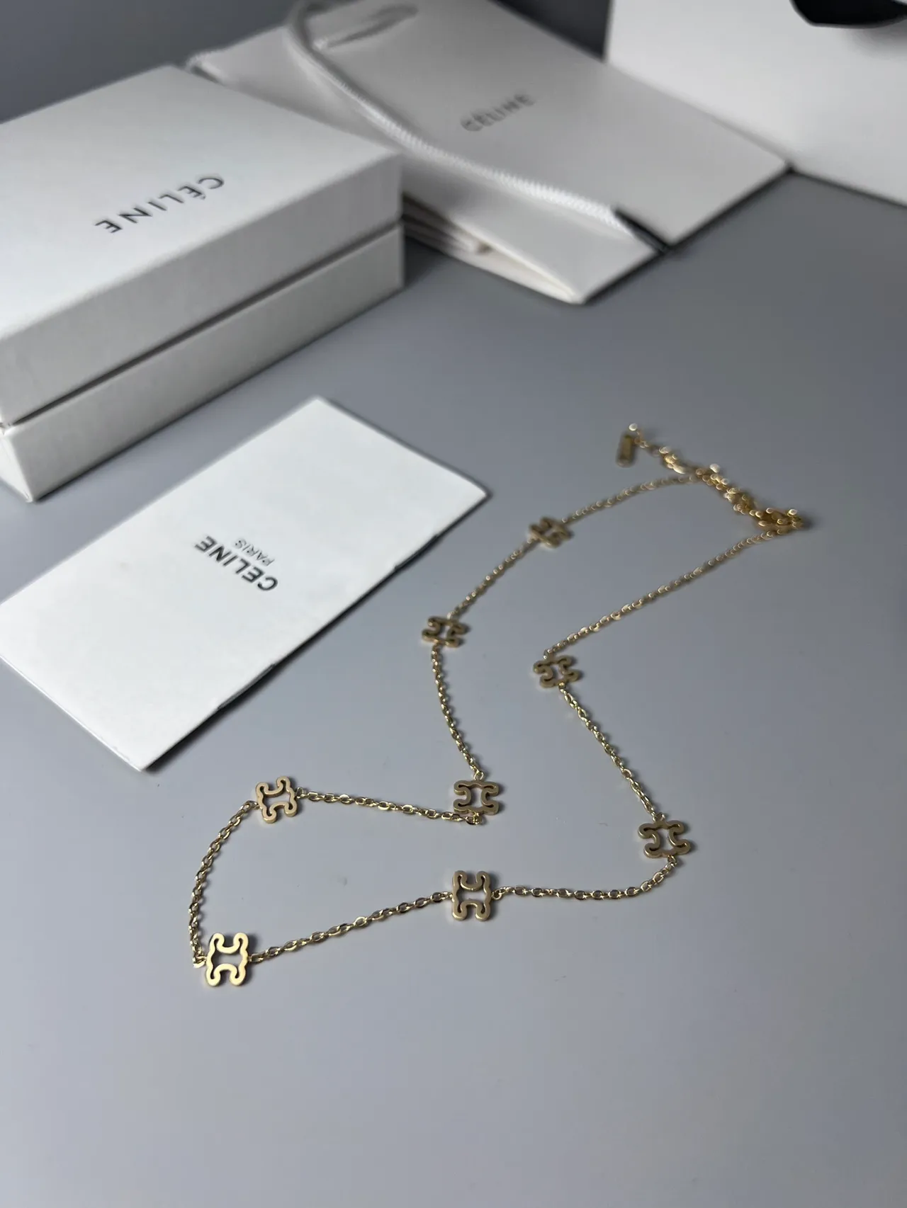 Celine Triomphe Puzzle Motif Gold and Black Enamel Necklace
