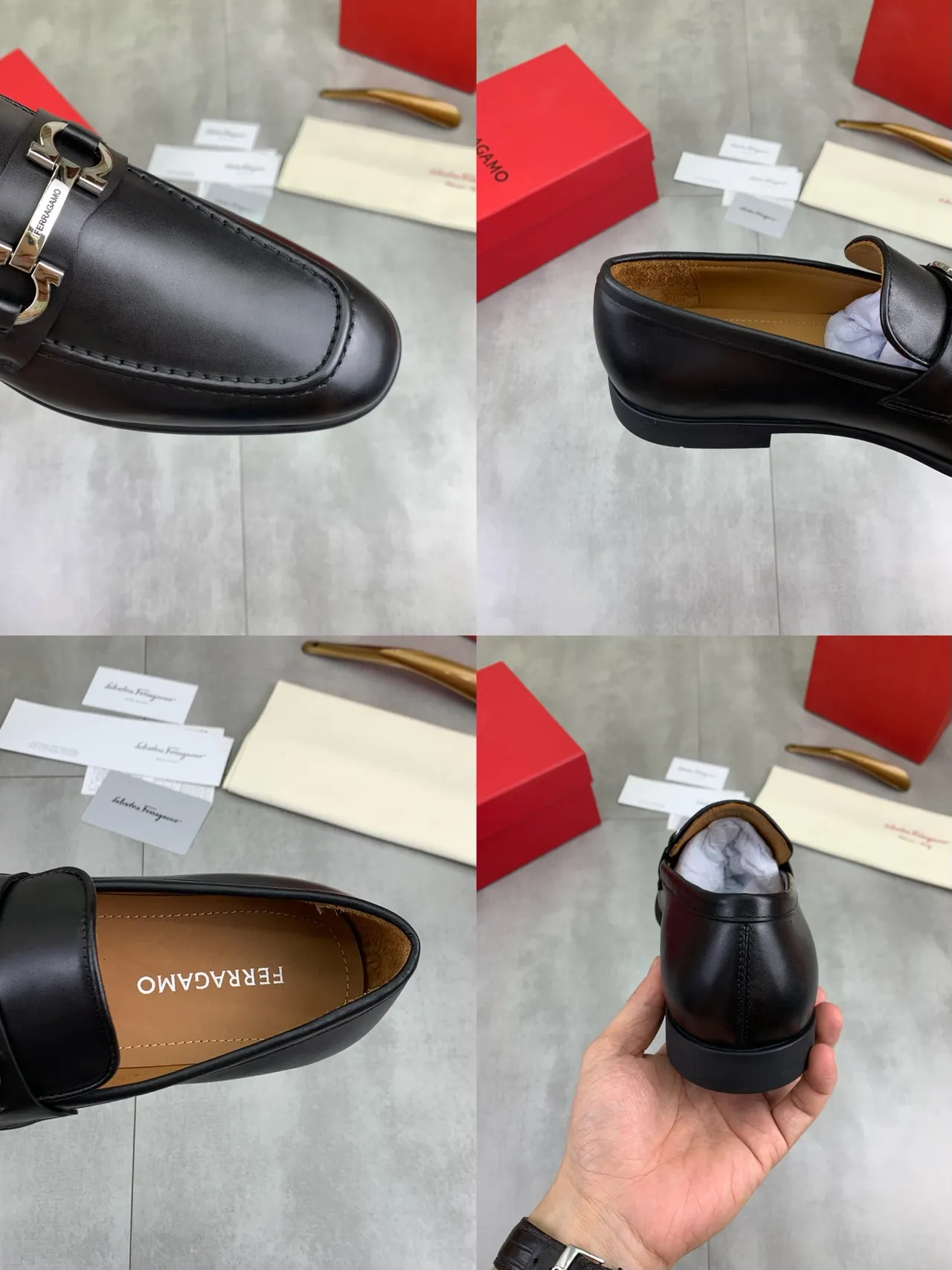 Salvatore Ferragamo Gancini Loafer Black Leather Square Toe Loafers