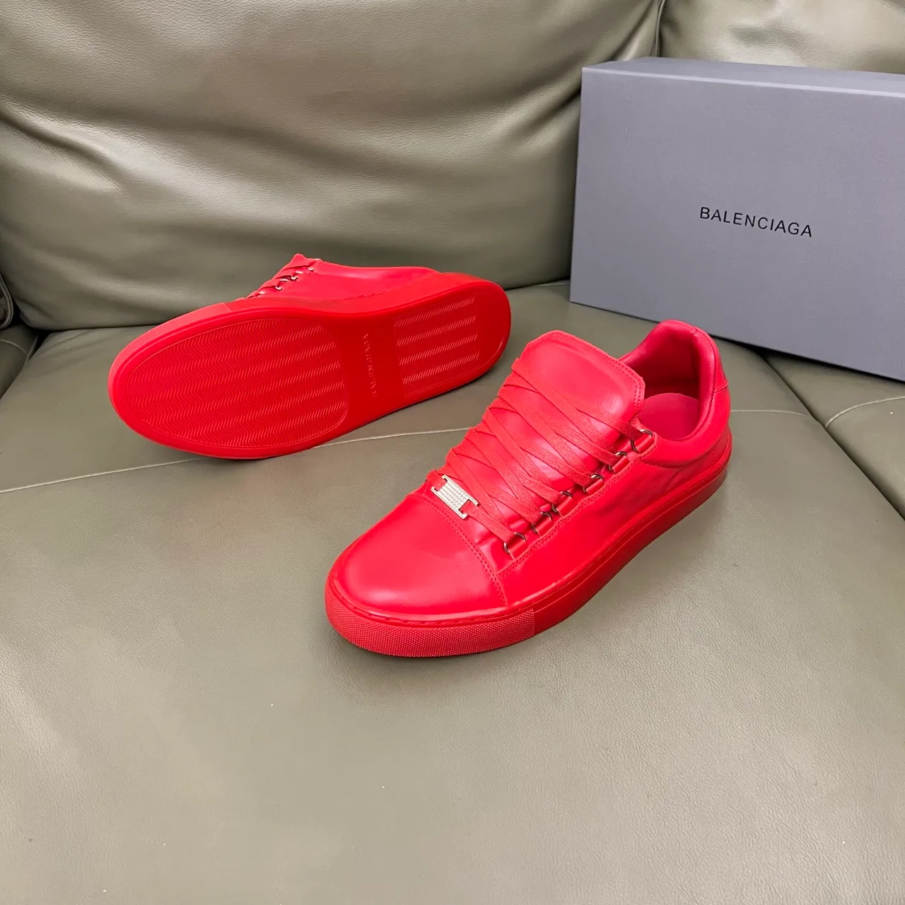 Balenciaga Red Monochromatic Leather Crisscross Strap-Lace System Lifestyle Sneakers