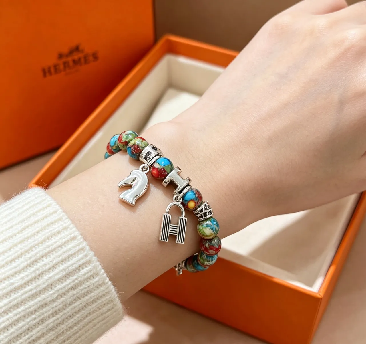 Hermès H Charm Bracelet Multicolor Enamel Bead Bracelet