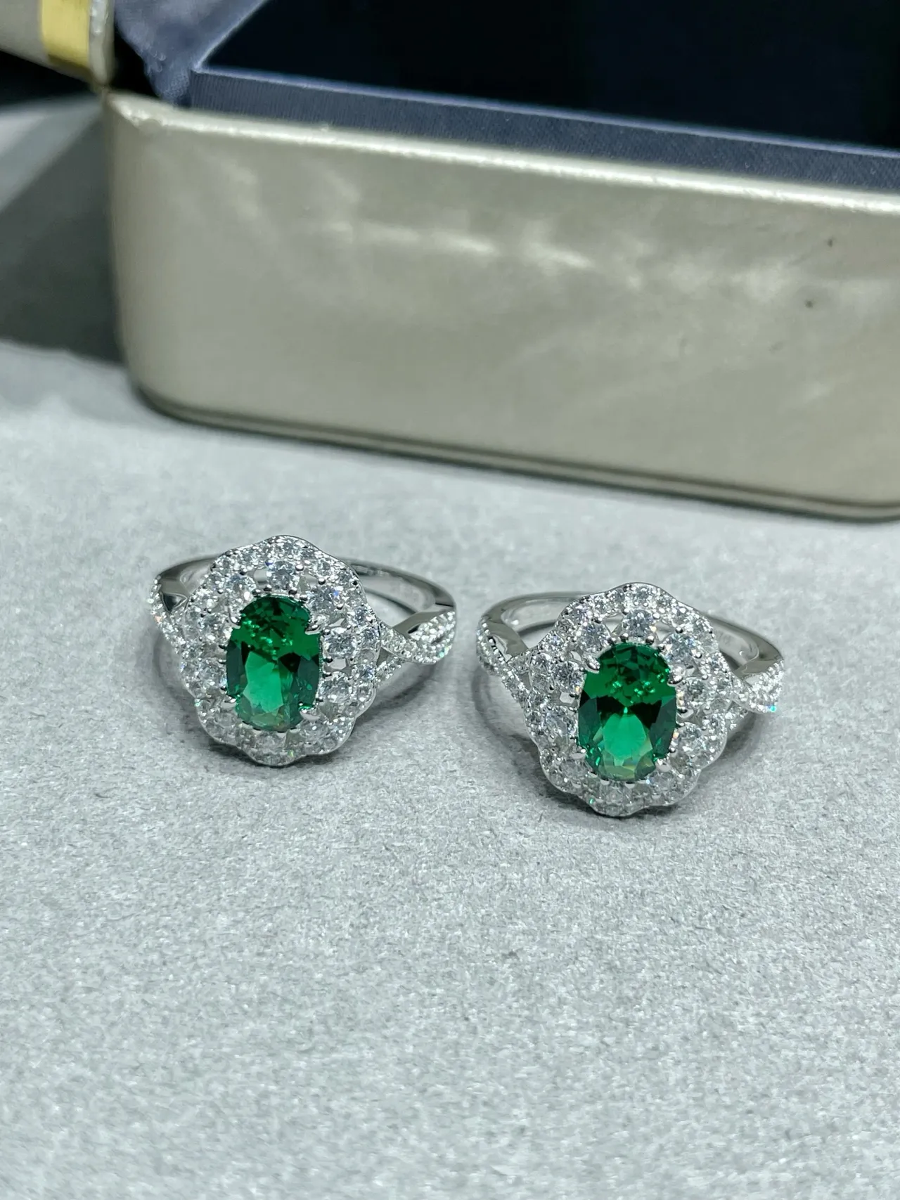 Green Silver Oval-Cut Center Stones Pavé Halo Surround Earrings